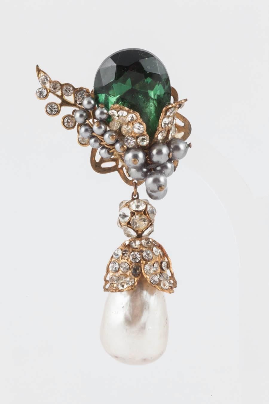 These beautiful large baroque pearl drop earrings, statement pieces, are a lovely combination of emerald, grey and cream, with sparkling paste highlights. Set in gilt filigree metal, they enchant  and glimmer, with the subtlety of regular grey