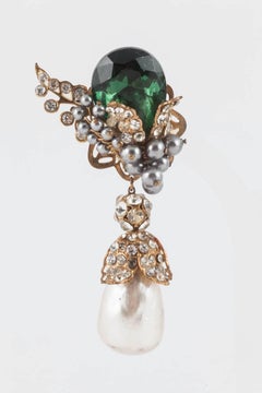 Large emerald and clear paste, grey and cream pearl drop earrings, USA, 1960s