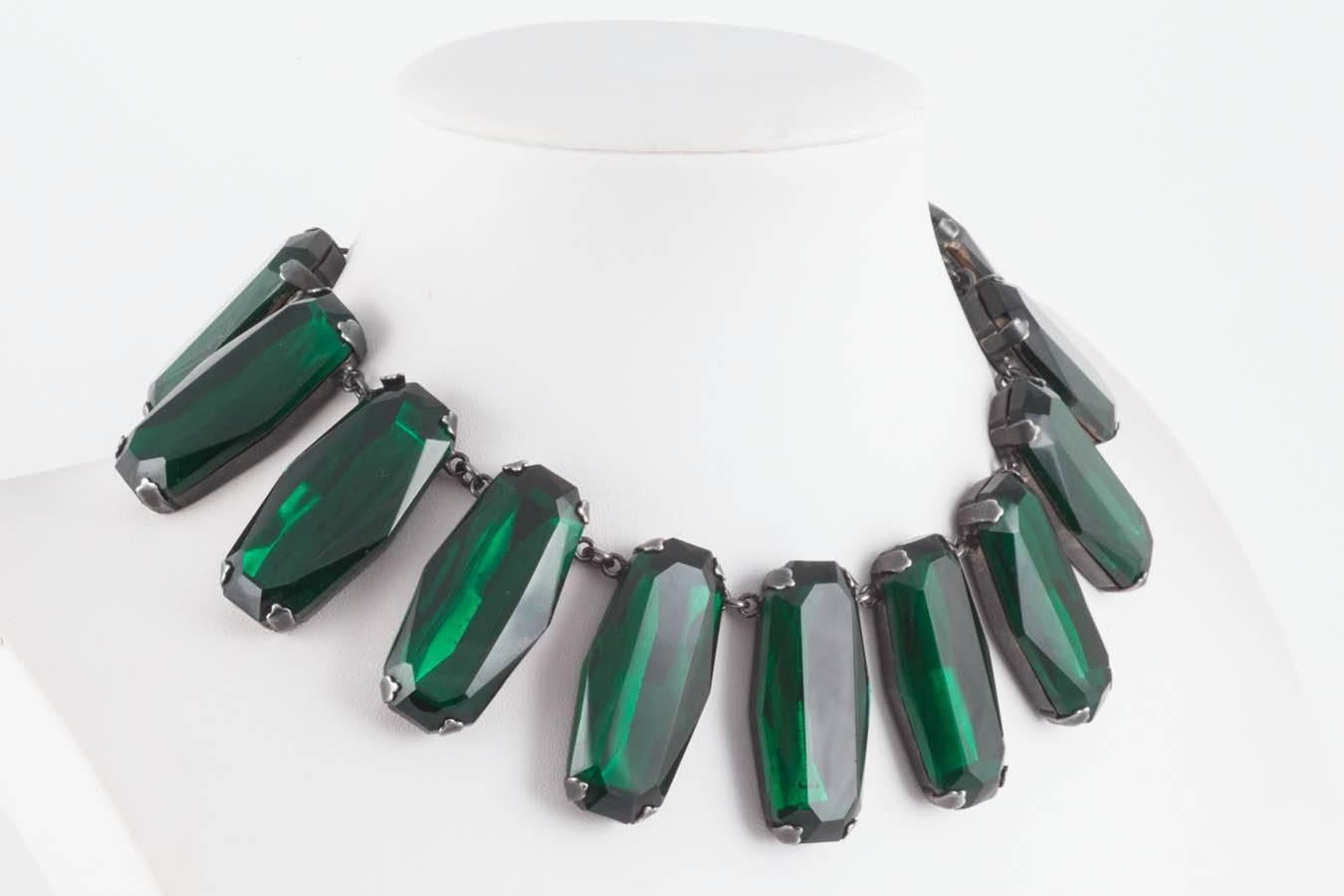 Superb deep emerald glass panel necklace, Yves Saint Laurent, 1980s In Excellent Condition In Greyabbey, County Down
