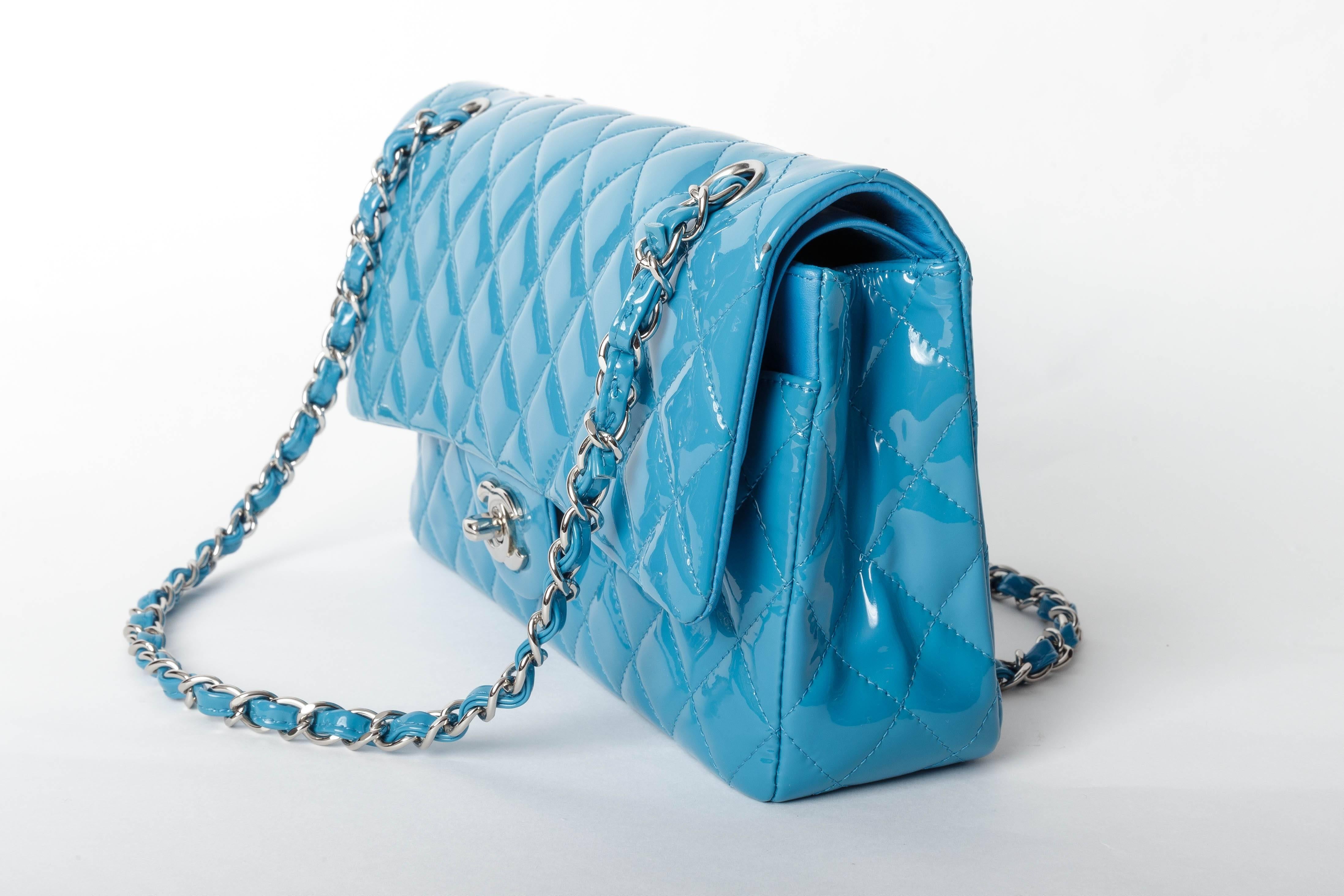 Blue Chanel Teal Patent Medium Classic Double Flap Bag with Silver Hardware