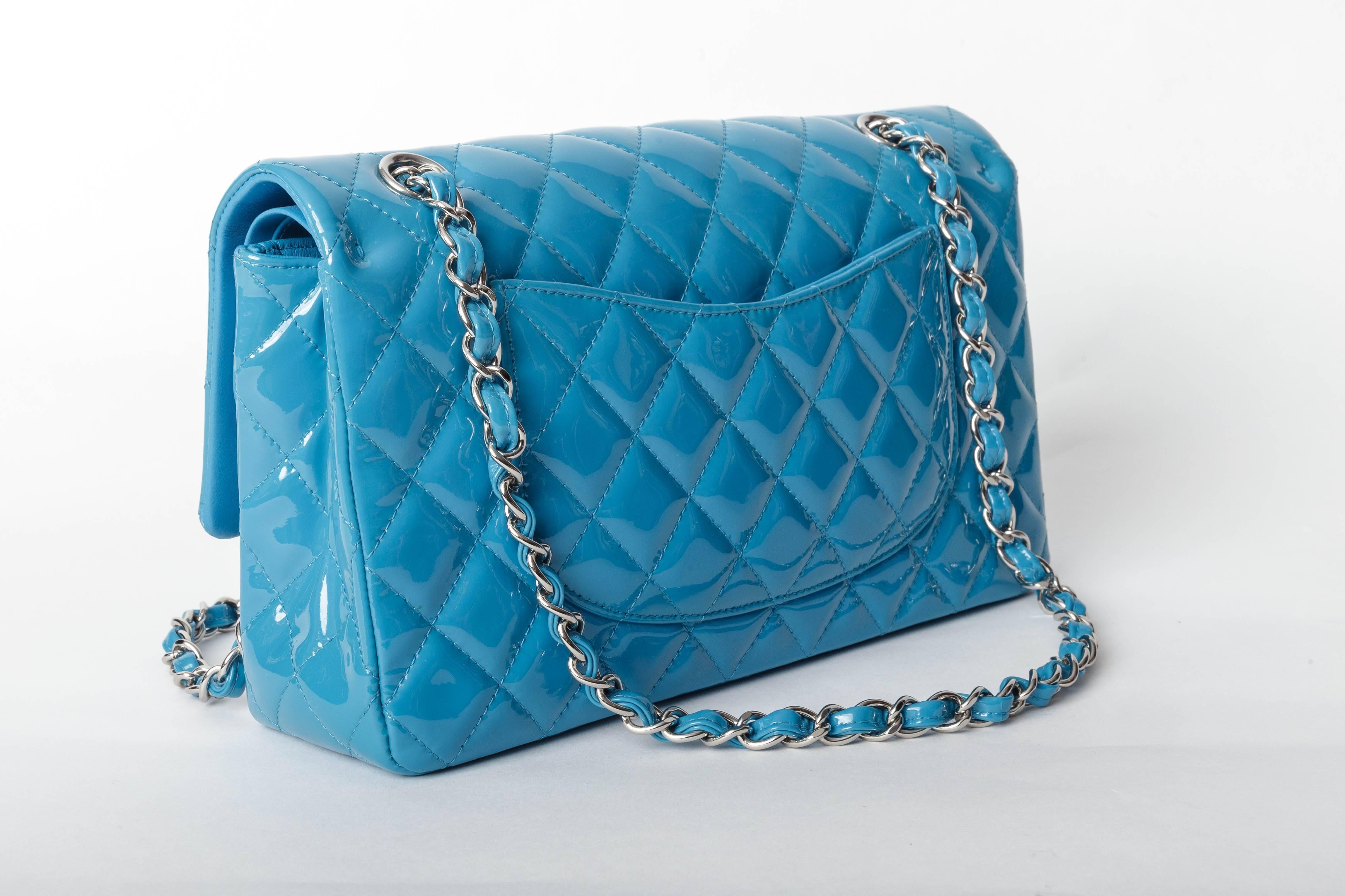 Chanel Teal Patent Medium Classic Double Flap Bag with Silver Hardware In Excellent Condition In Westhampton Beach, NY