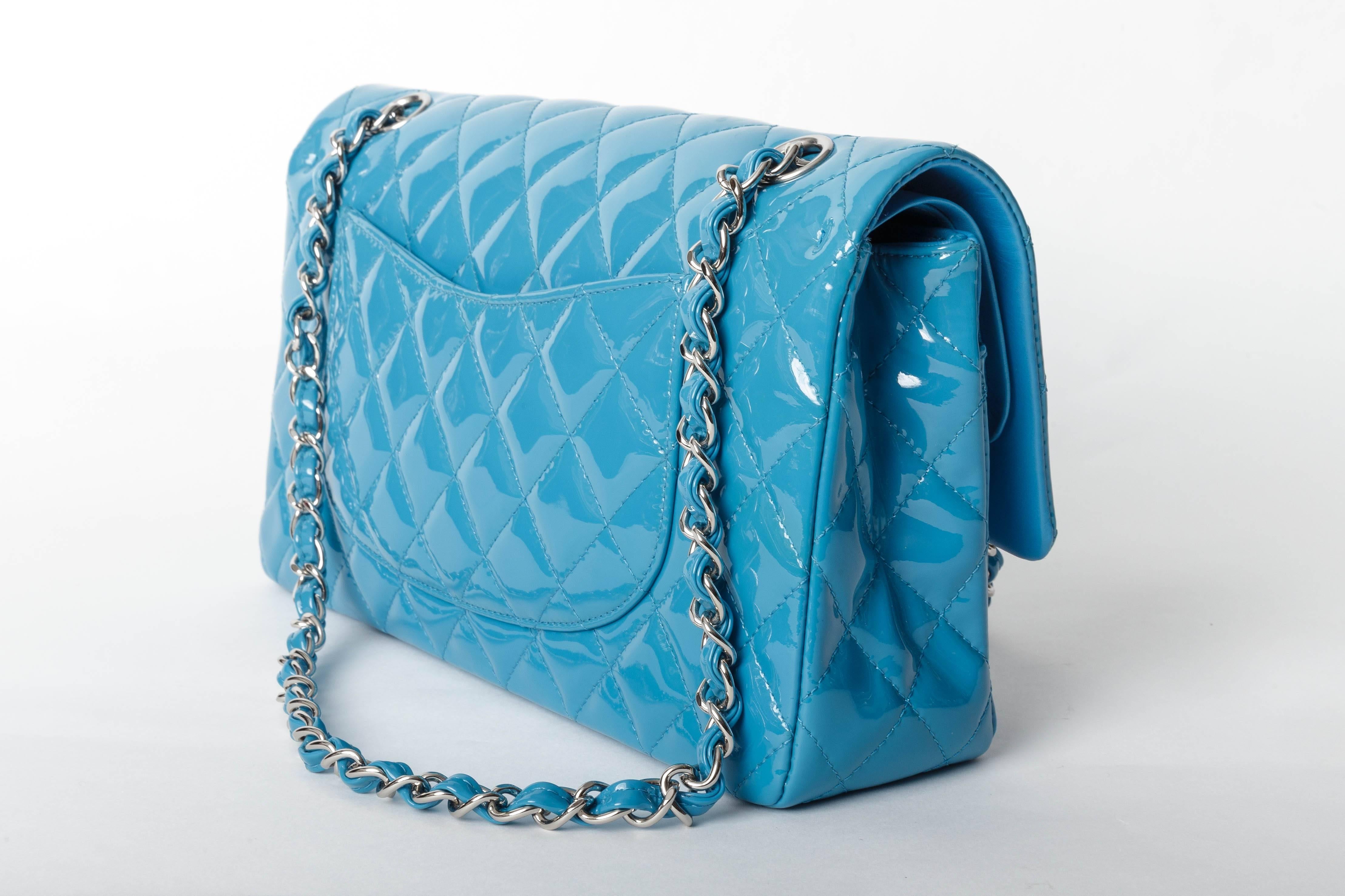 Women's Chanel Teal Patent Medium Classic Double Flap Bag with Silver Hardware