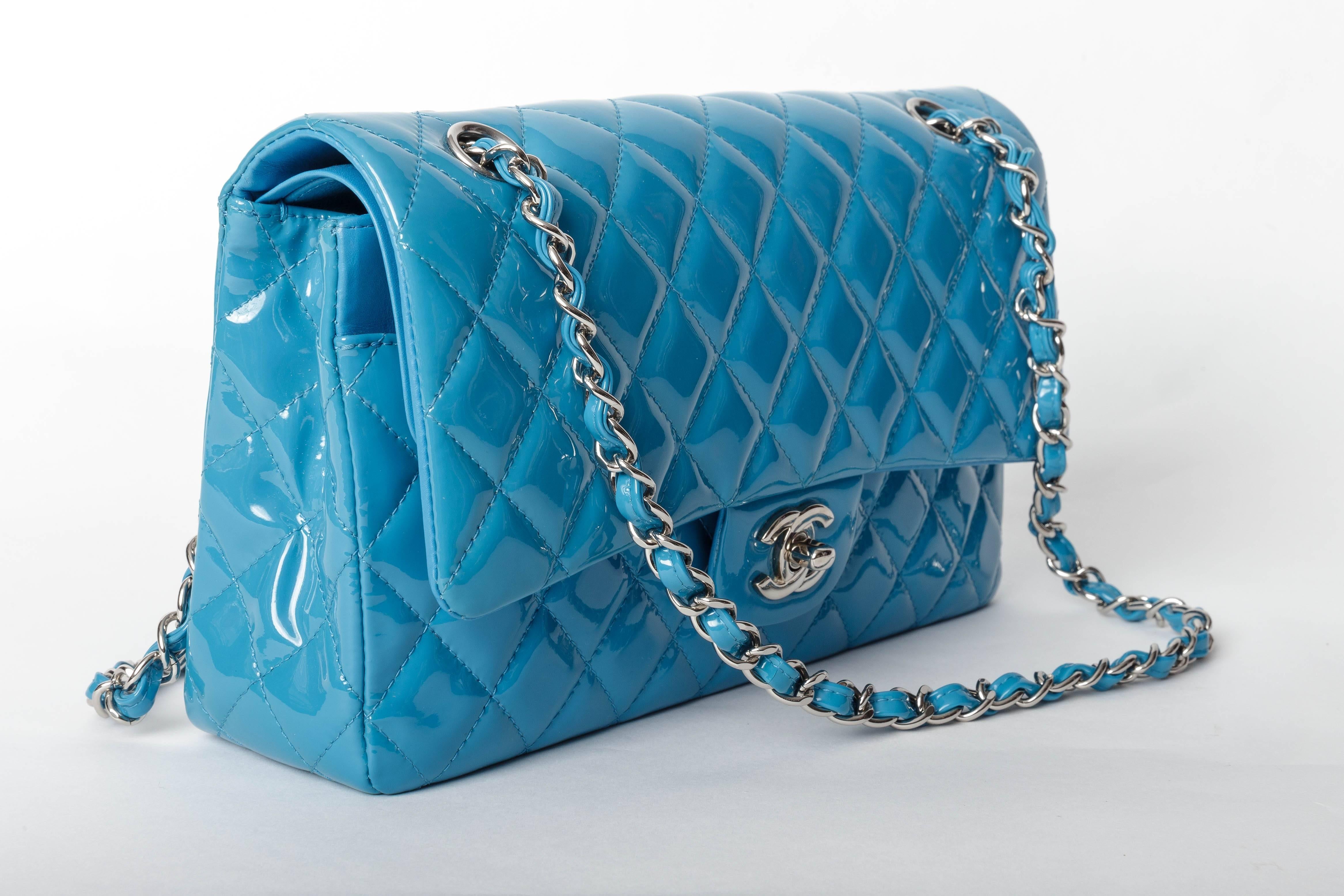Chanel Teal Patent Medium Classic Double Flap Bag with Silver Hardware 1