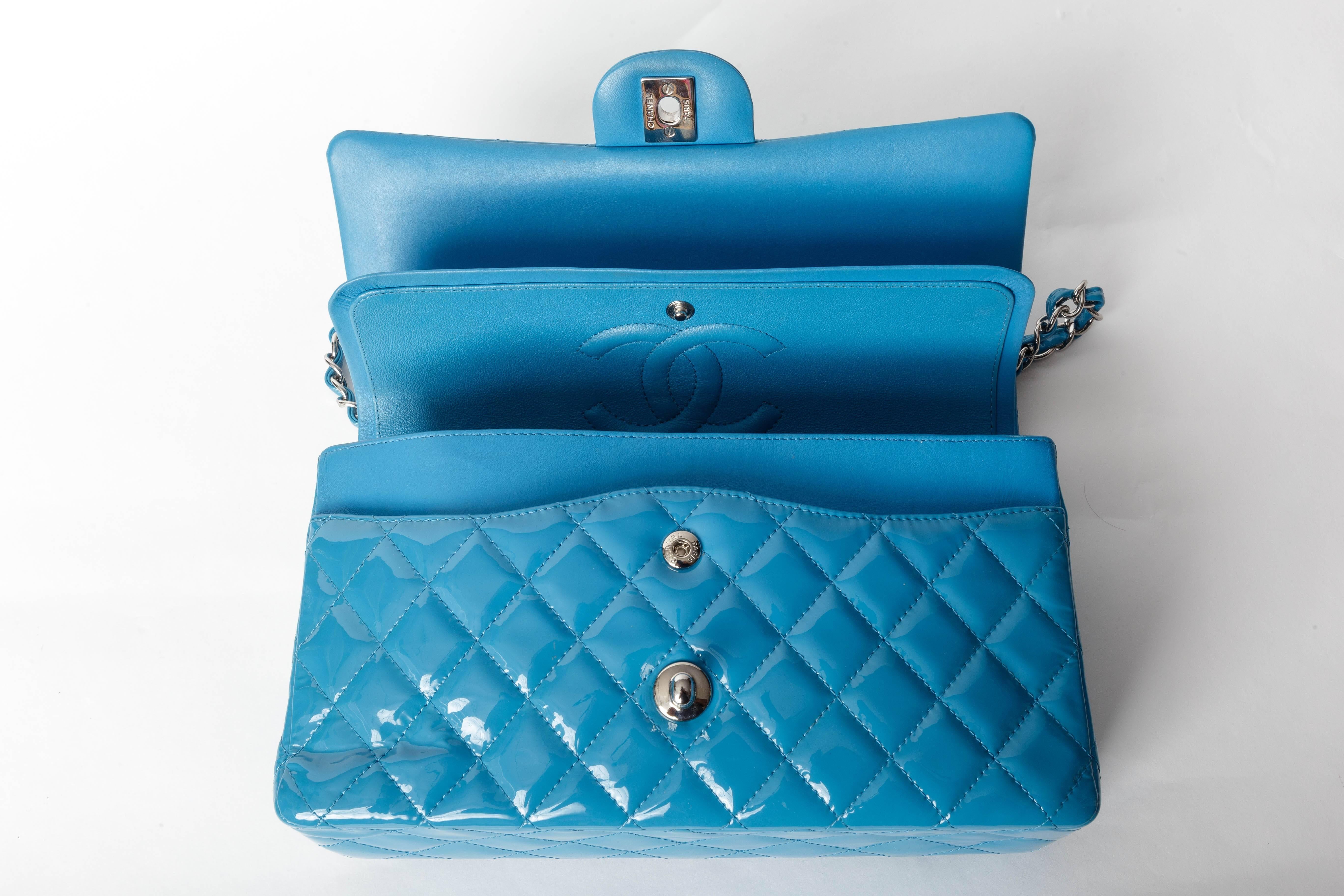 Chanel Teal Patent Medium Classic Double Flap Bag with Silver Hardware 5