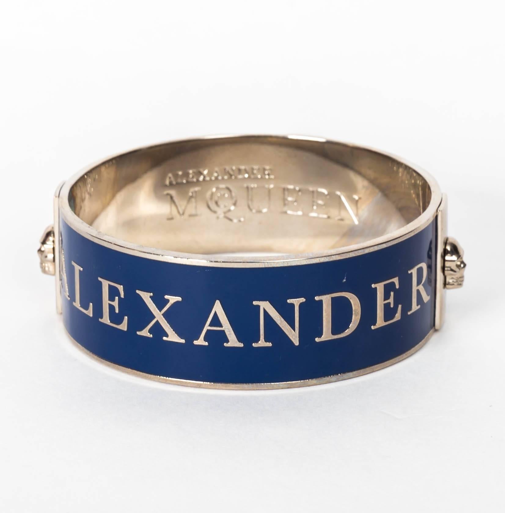 Alexander McQueen Cuff in Navy Blue With Raised Silver Lettering In New Condition In Westhampton Beach, NY