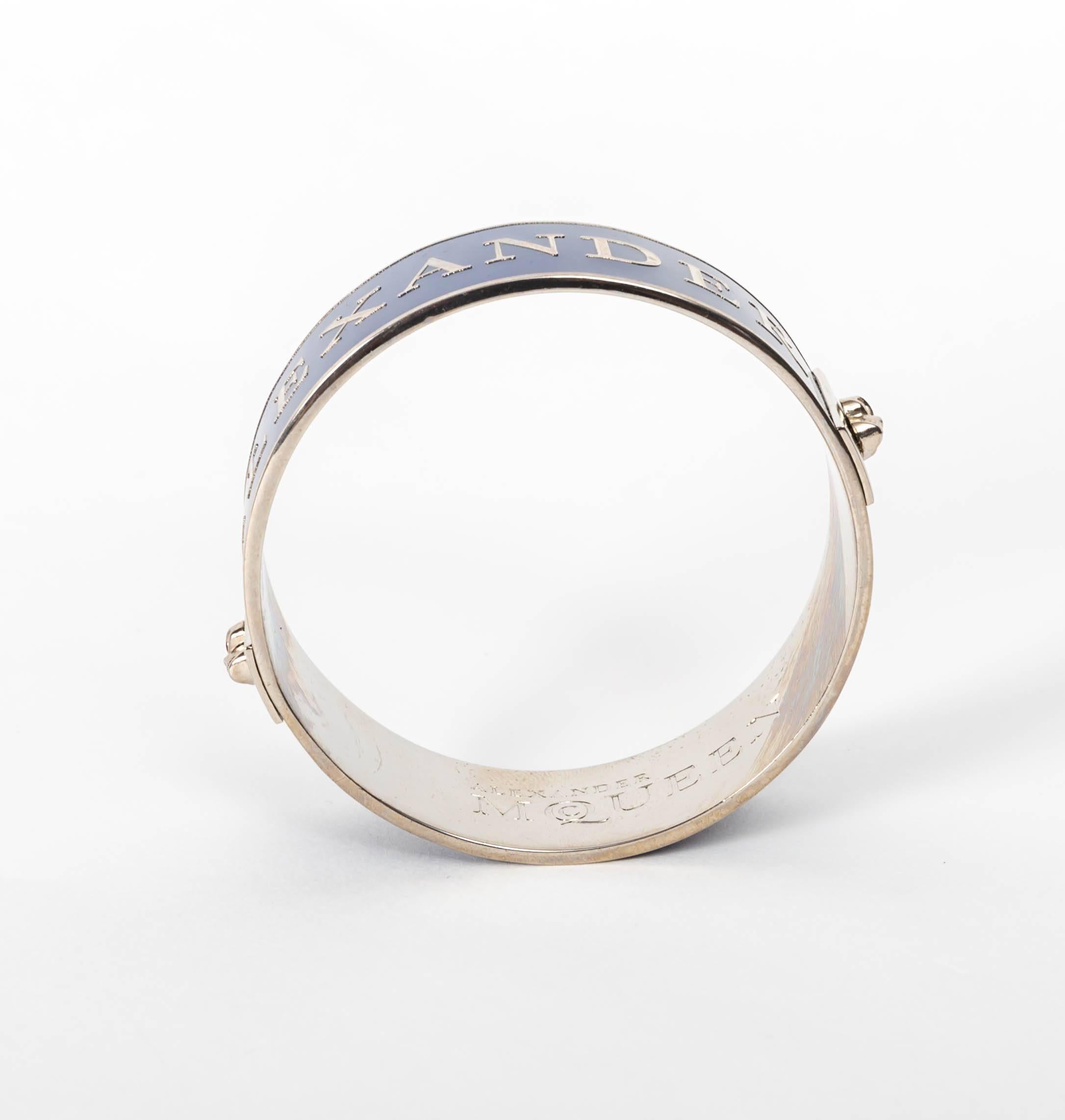 Women's or Men's Alexander McQueen Cuff in Navy Blue With Raised Silver Lettering