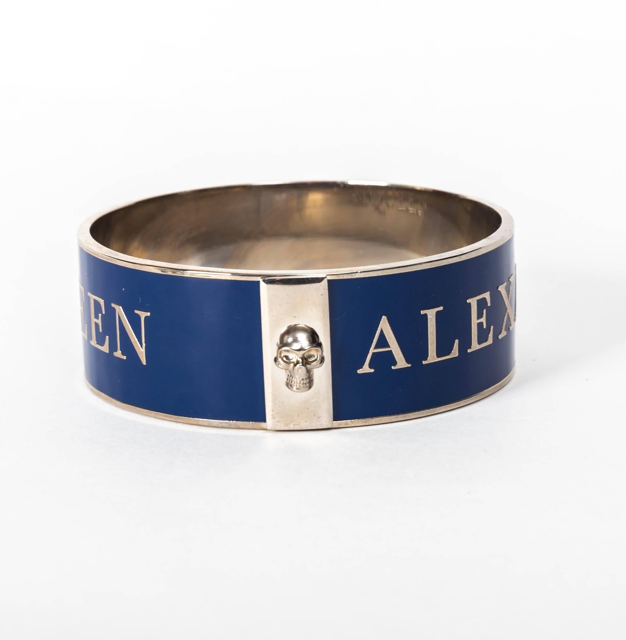 Alexander McQueen Cuff in Navy Blue With Raised Silver Lettering 1