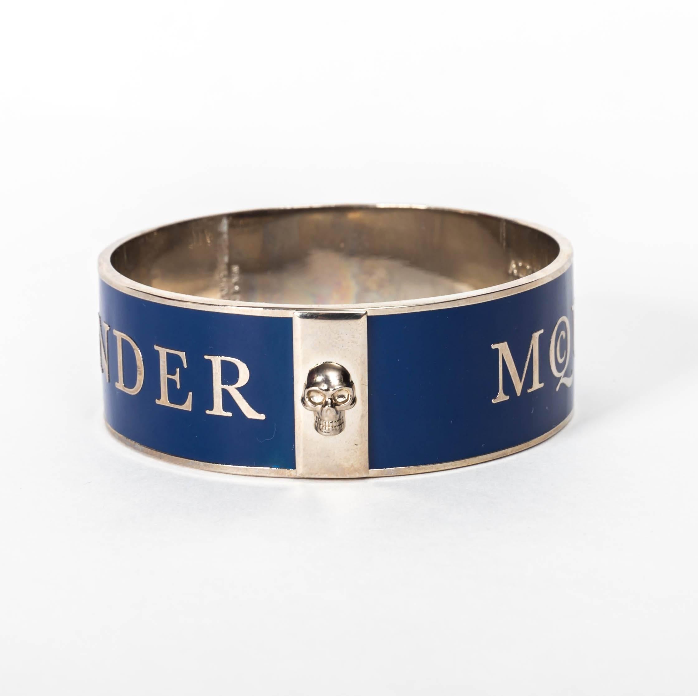 Alexander McQueen Cuff in Navy Blue With Raised Silver Lettering 2