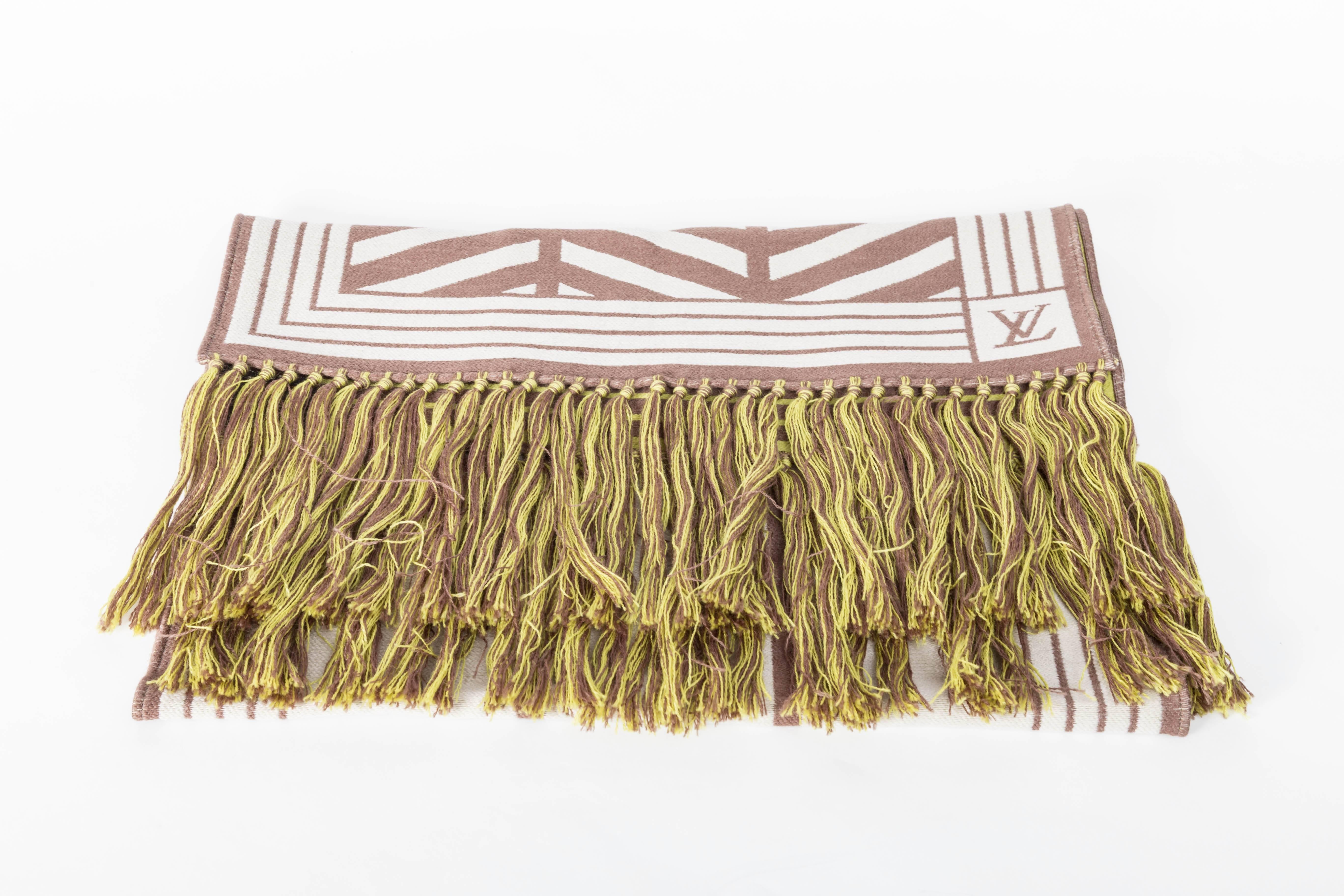 Great Vintage Louis Vuitton Paris  Scarf in Apple Green and Taupe Wool / Silk with 6 Inch Tassels
LV Logo 
Condition is Excellent
