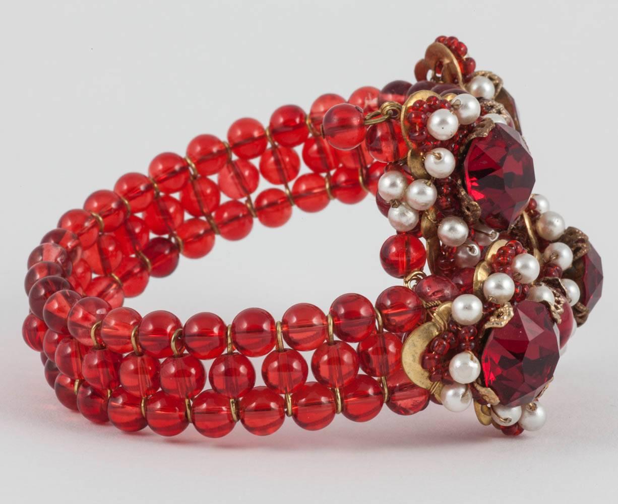 Women's Ruby red glass bead and pearl bracelet in the style of Miriam Haskell