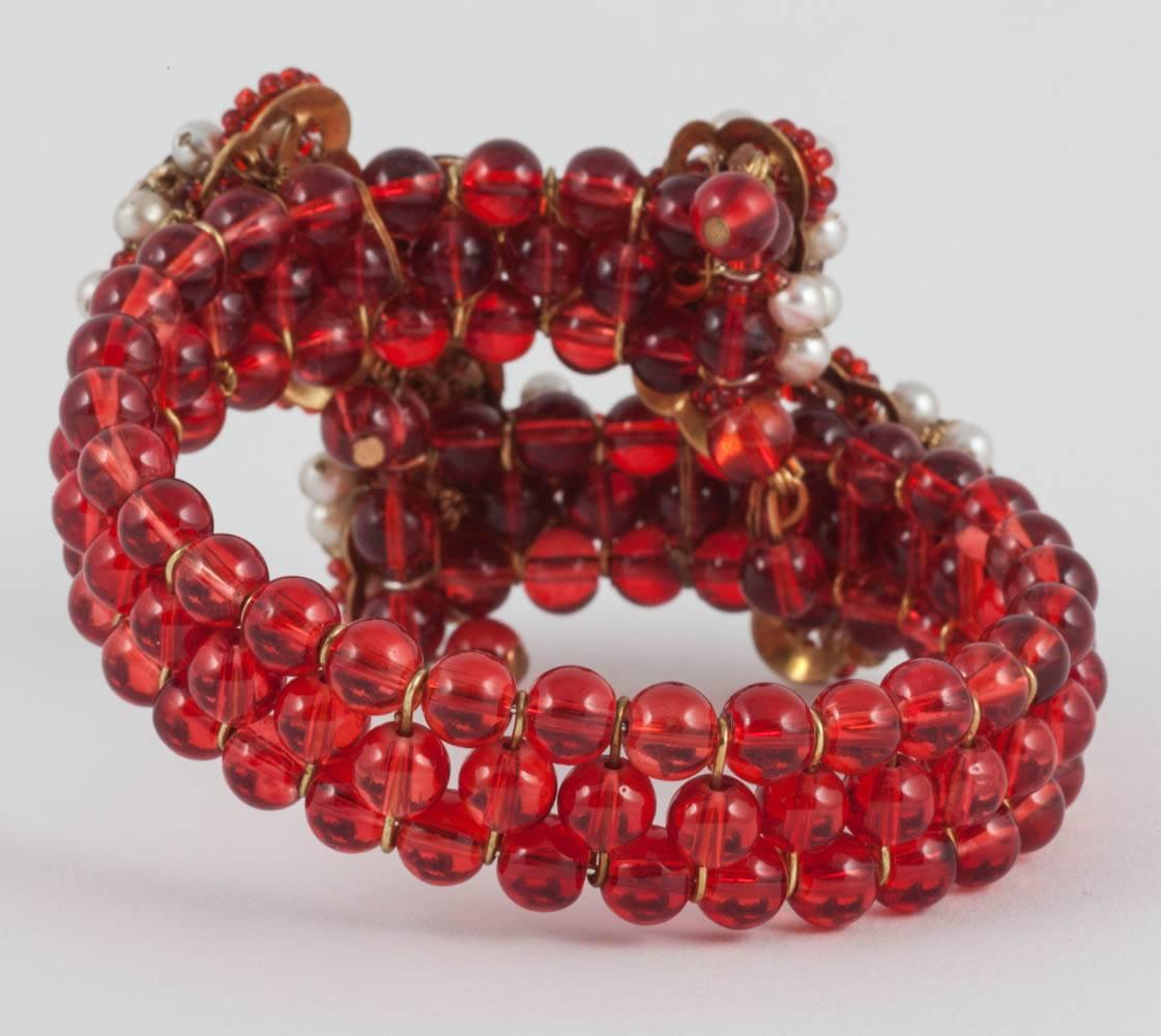 Ruby red glass bead and pearl bracelet in the style of Miriam Haskell 1