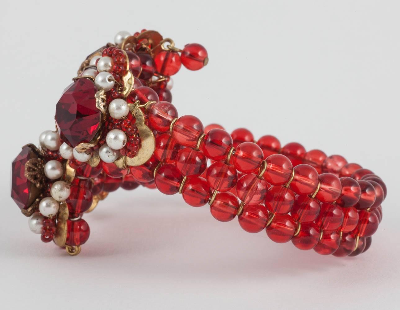 Ruby red glass bead and pearl bracelet in the style of Miriam Haskell 2