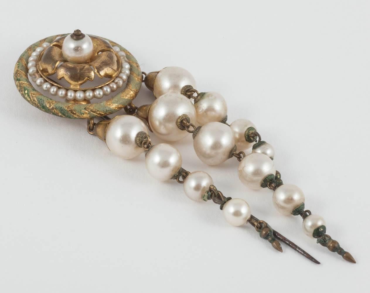 A pair of handblown glass pearl and enamelled gilt hat pins, 19th Century 1