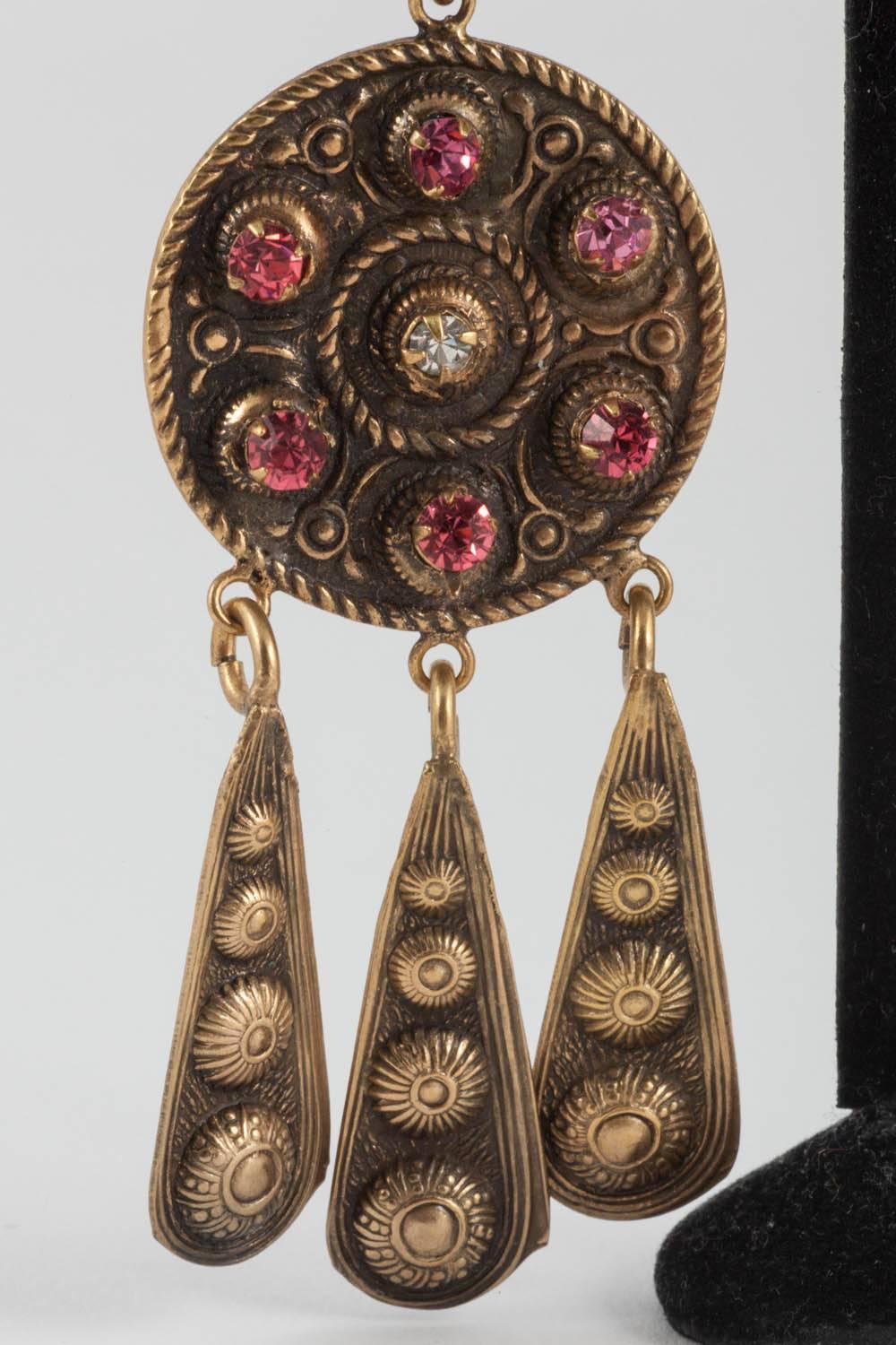 Women's or Men's  Antique gilded and pink paste drop earrings, Joseff of Hollywood, 1950s