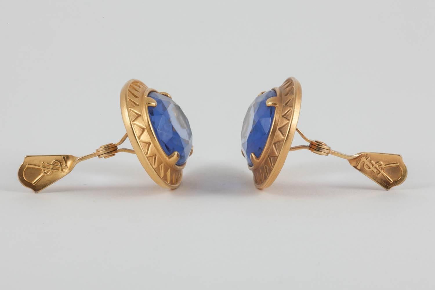  Yves Saint Laurent Large single blue glass stone earrings, 1980s In Excellent Condition In Greyabbey, County Down
