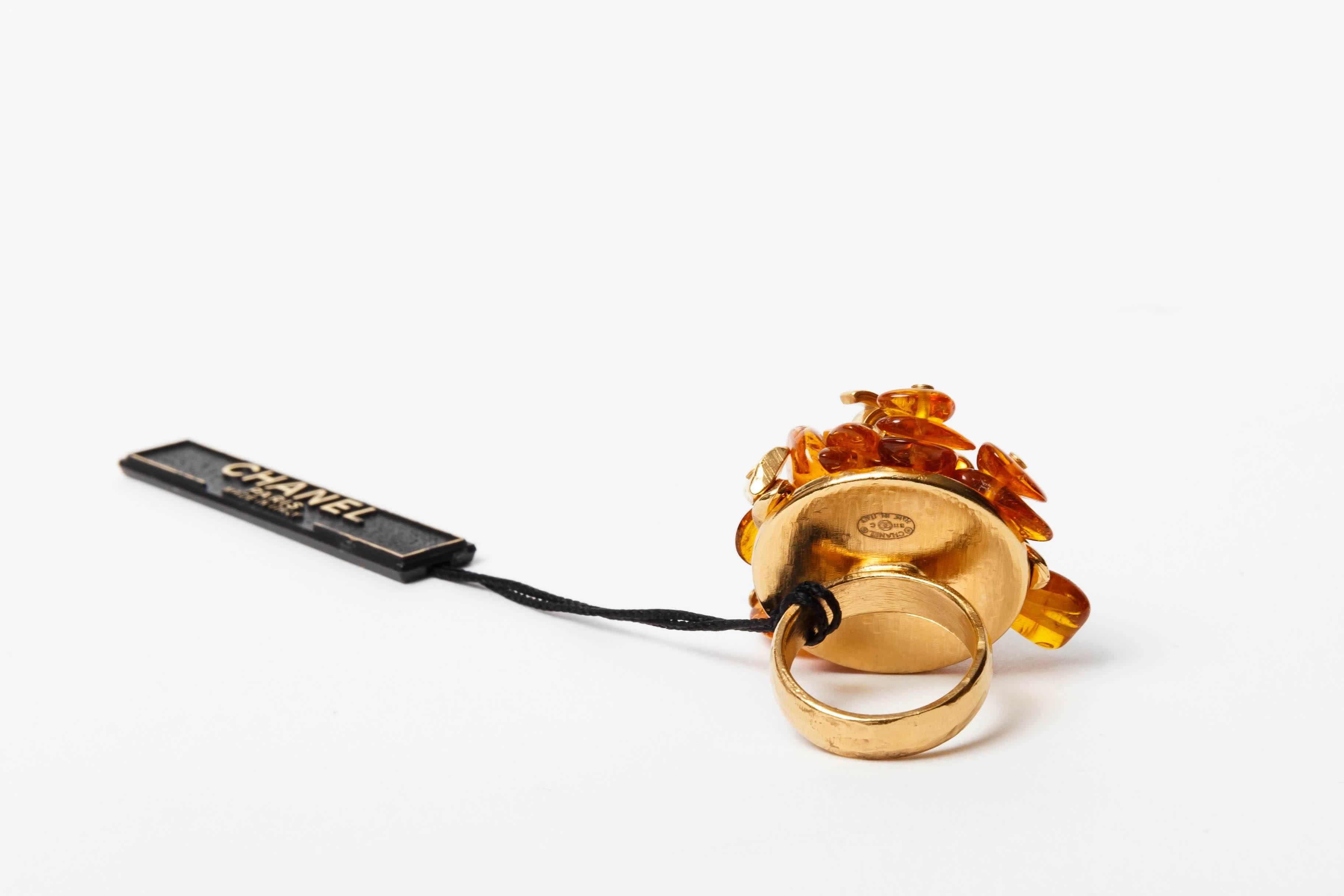 Chanel Gold Metal Adjustable Logo Ring with Amber Resin   For Sale 2