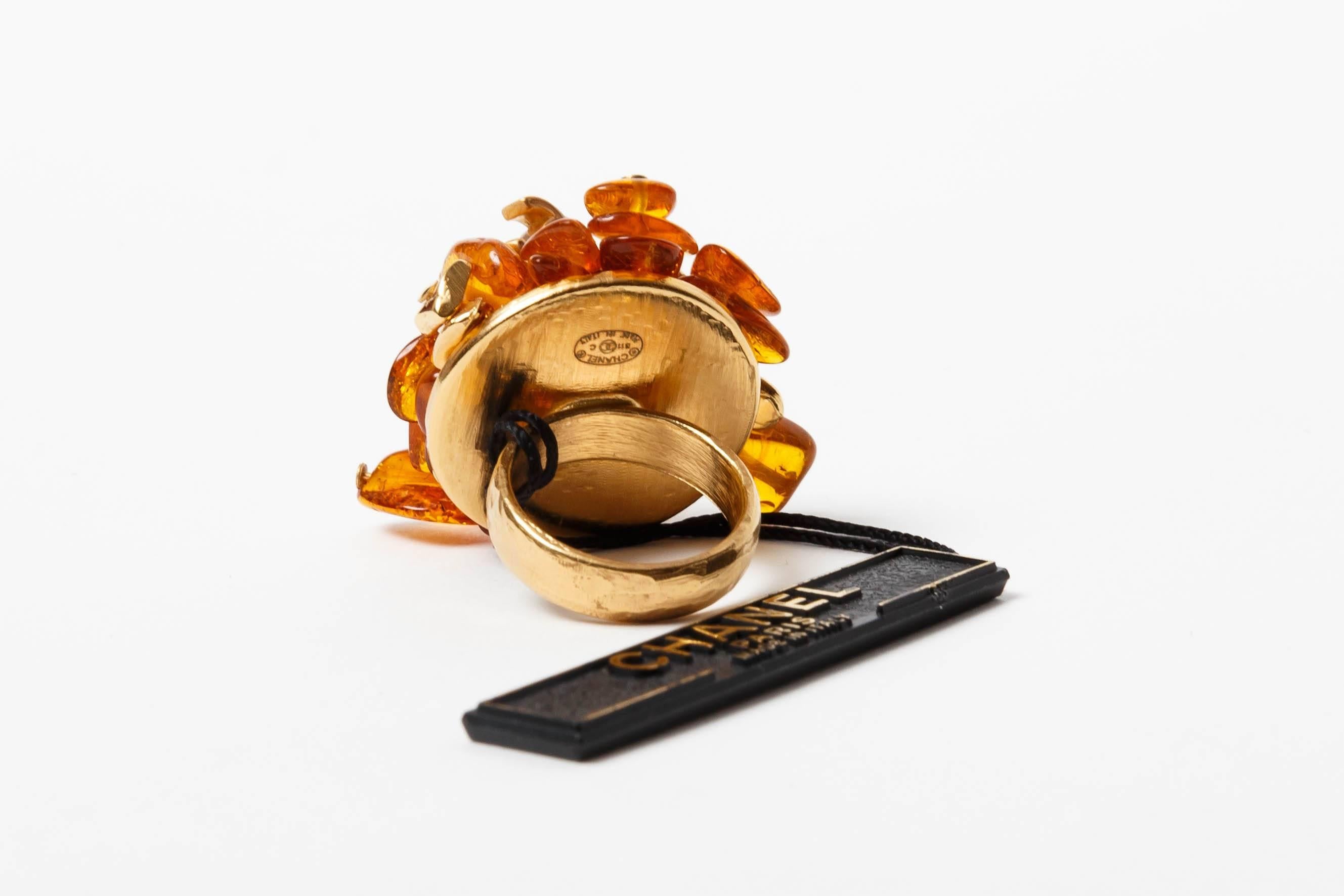 Chanel Gold Metal Adjustable Logo Ring with Amber Resin   For Sale 4