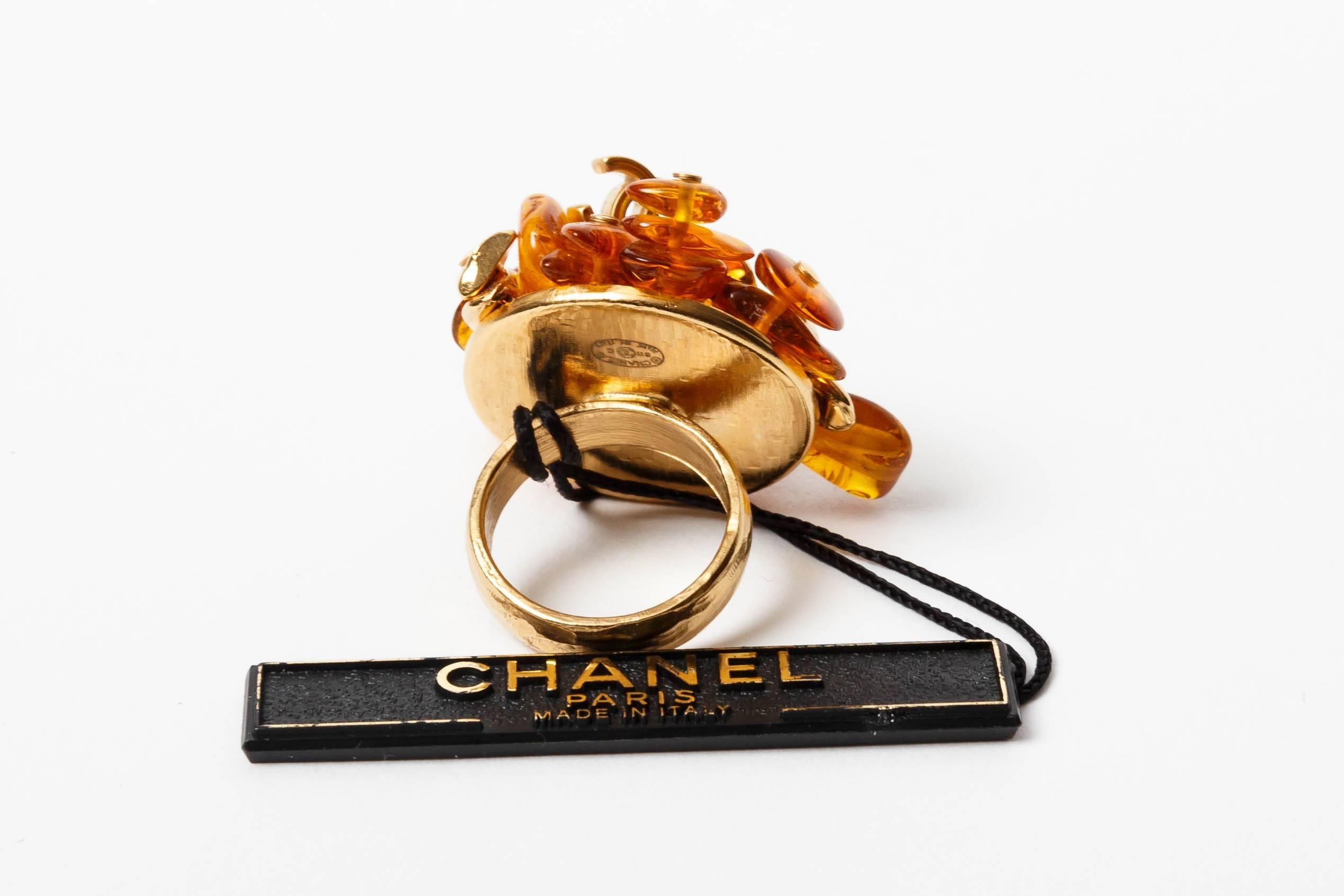 Chanel Gold Metal Adjustable Logo Ring with Amber Resin   For Sale 5