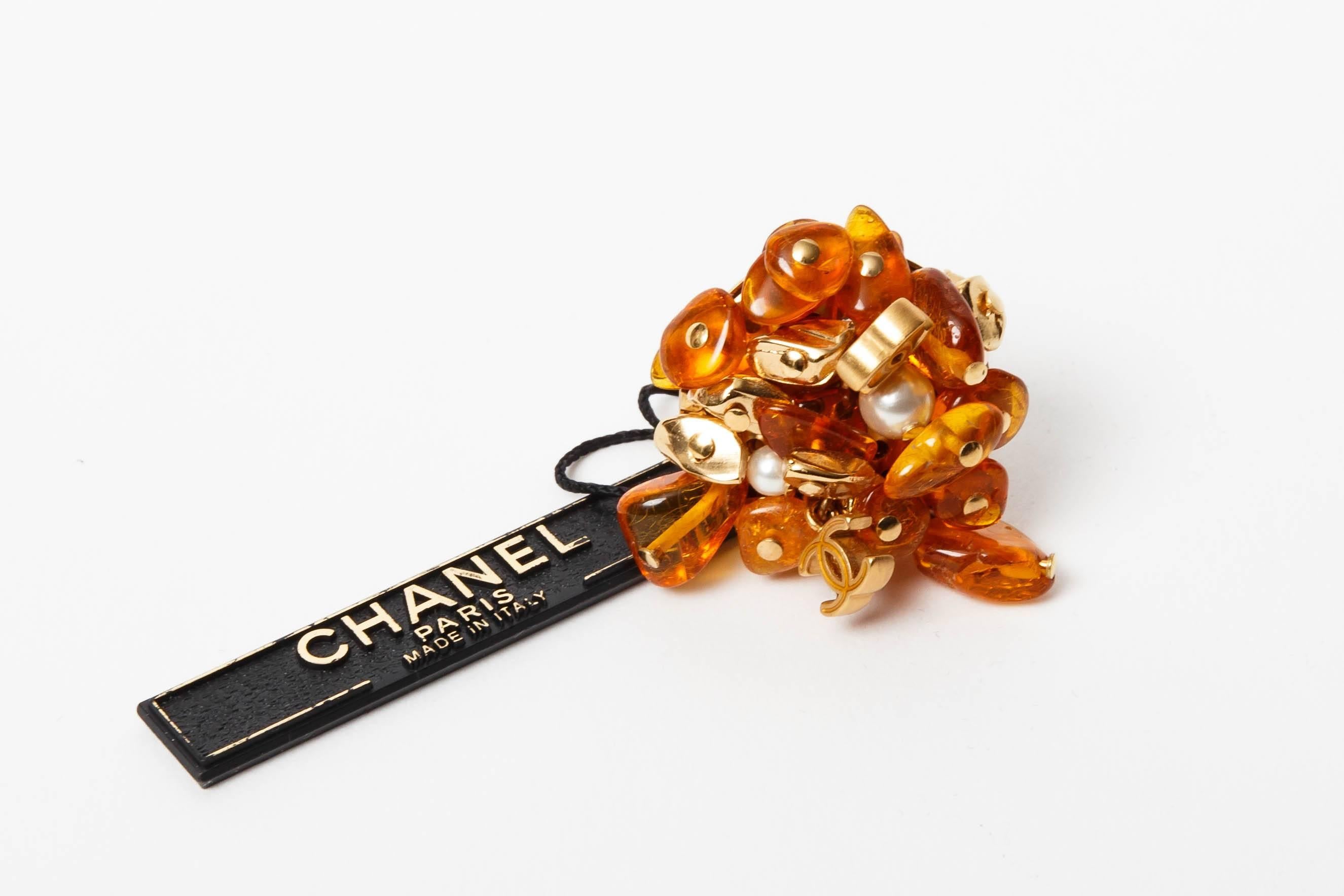 Chanel Gold Metal Adjustable Logo Ring with Amber Resin   For Sale 6