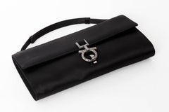 Ferragamo Black Silk Clutch with Top Handle and Crystal Gancini Closure
