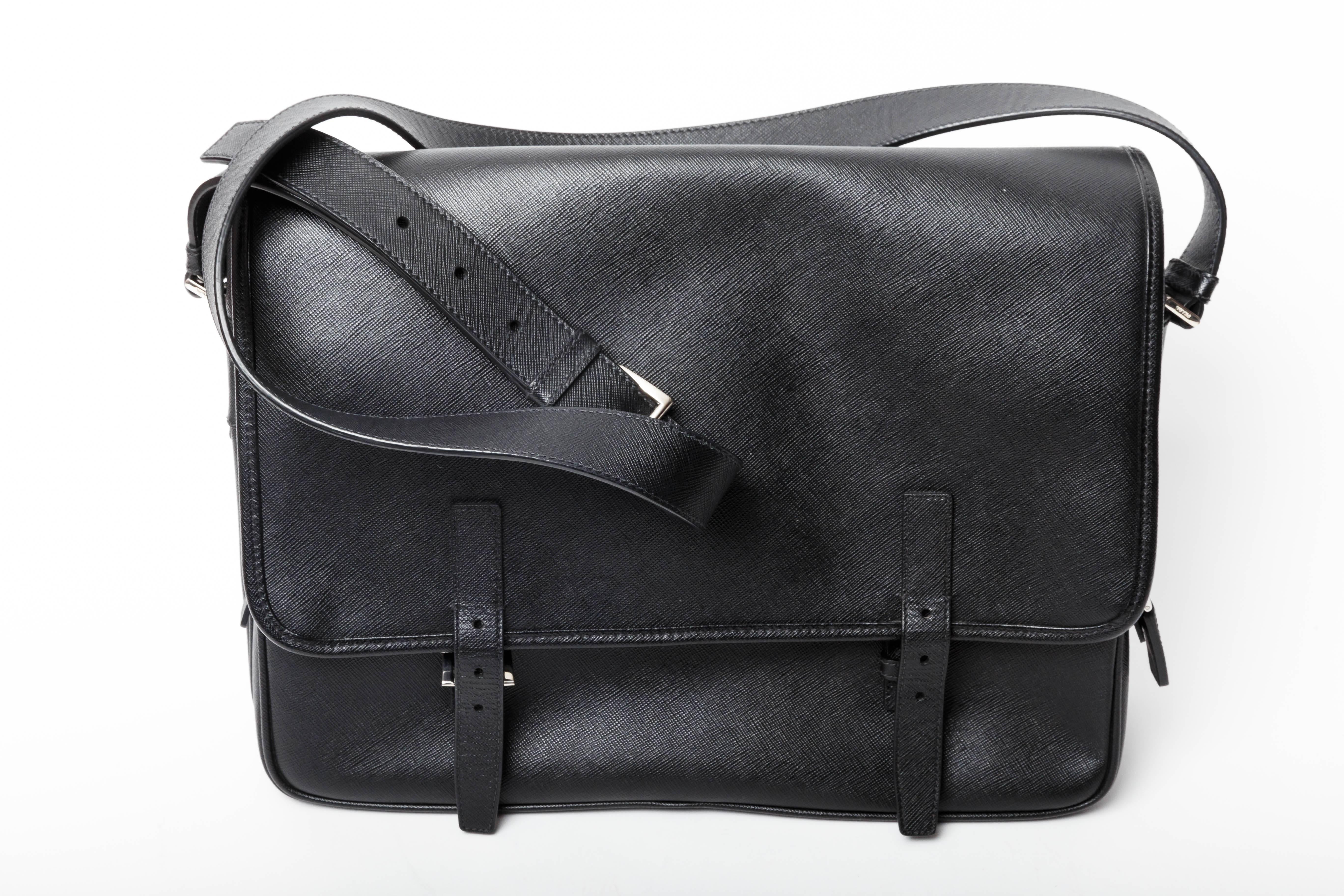 Prada Saffiano Mens Crossbody Leather Messenger Bag with Silver Hardware  2