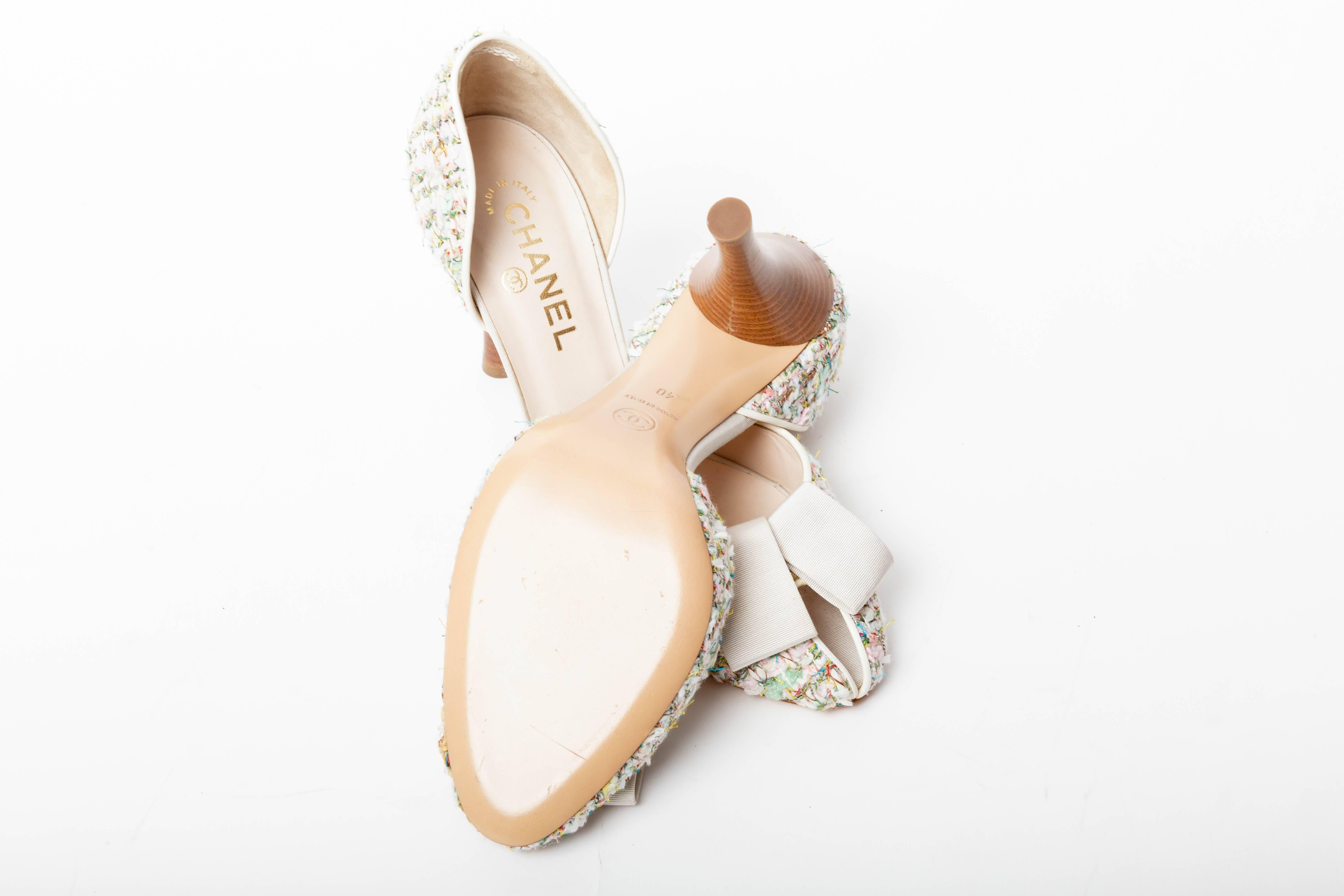Women's Chanel  Pastel Tweed D'Orsay Pumps with Grosgrain Ribbon Bows