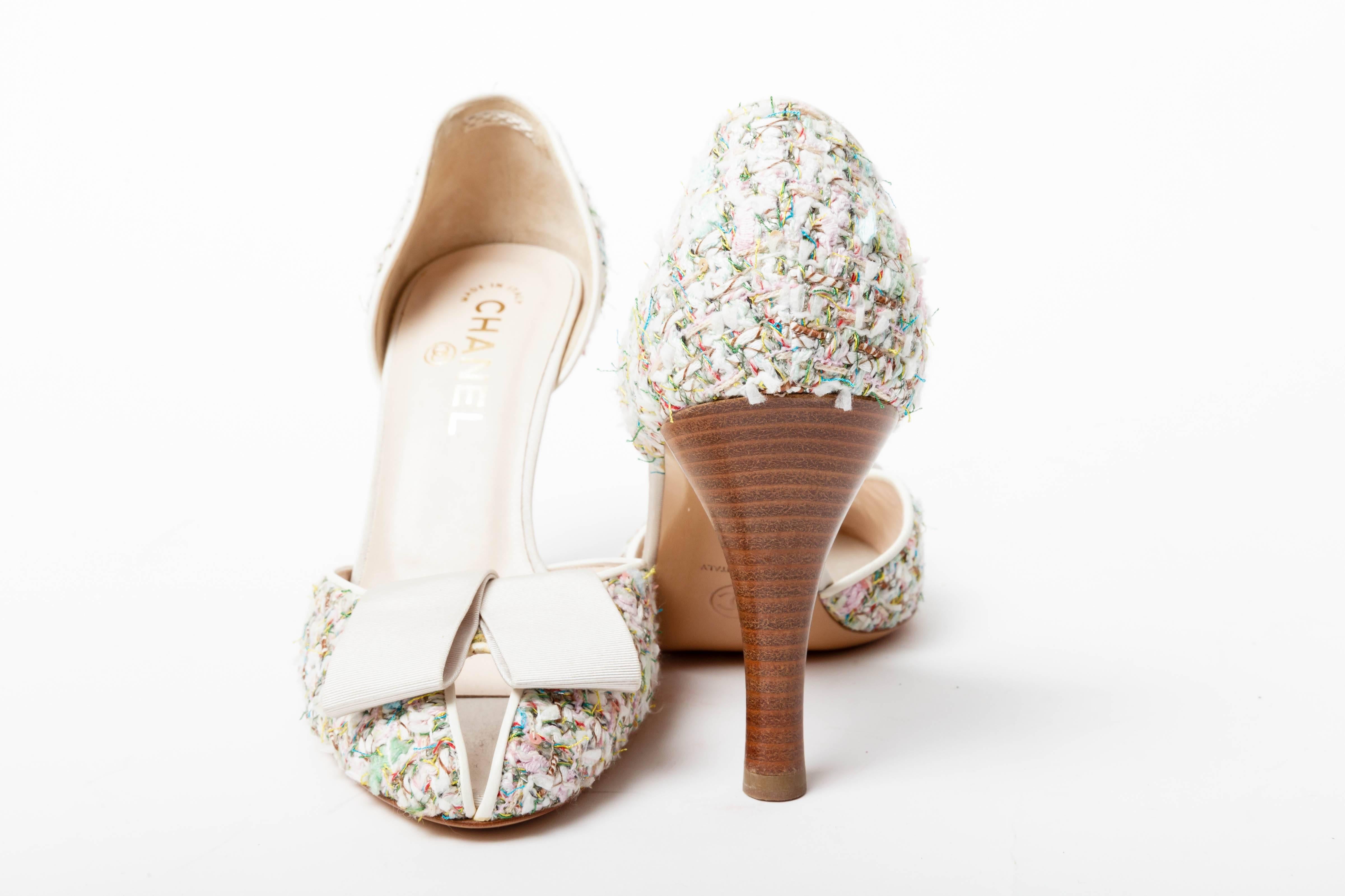 Chanel  Pastel Tweed D'Orsay Pumps with Grosgrain Ribbon Bows 2