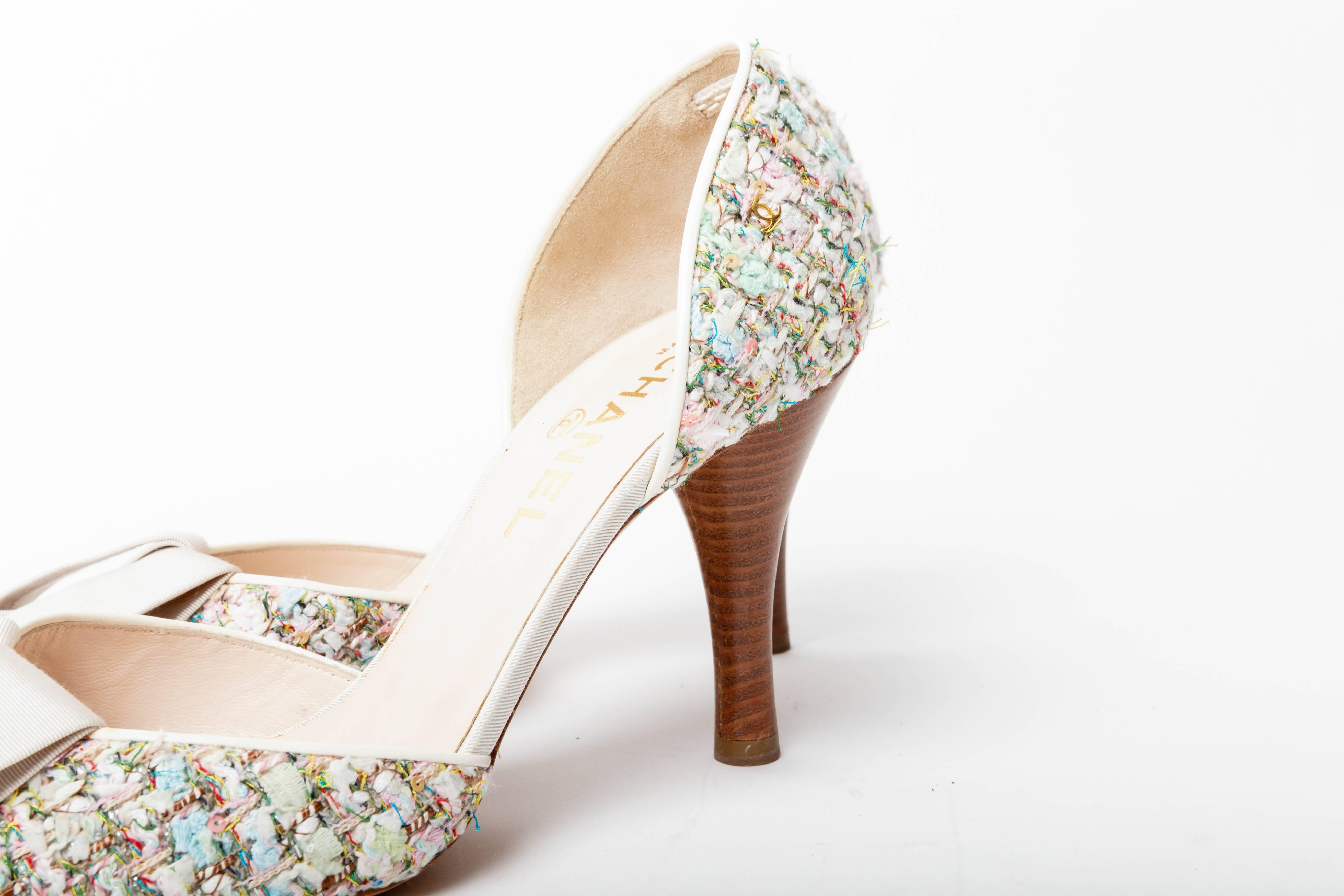 Chanel  Pastel Tweed D'Orsay Pumps with Grosgrain Ribbon Bows 4