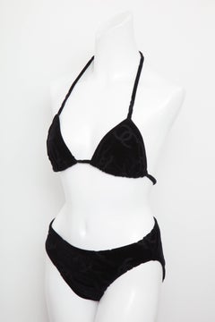 Vintage Chanel Black Swimsuit Velour Bikini with Logos