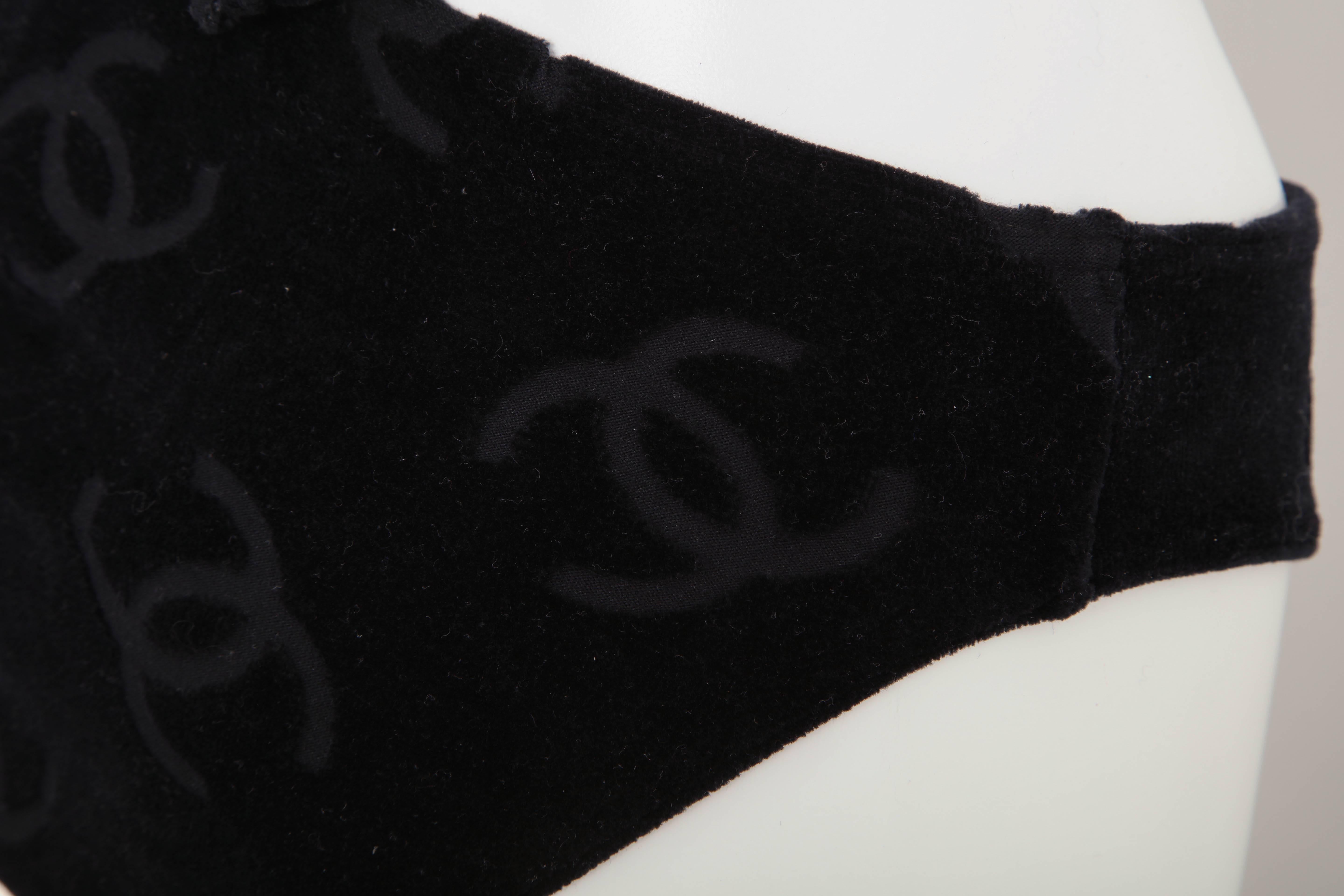 Vintage Chanel Black Swimsuit Velour Bikini with Logos  In Excellent Condition In Chicago, IL