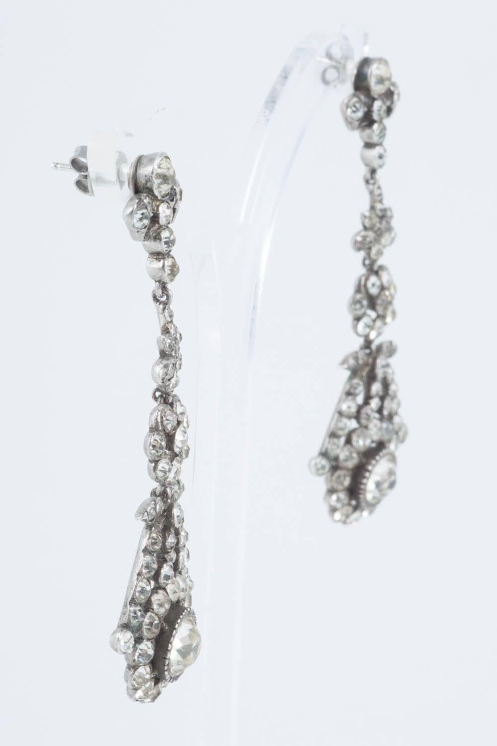 Edwardian French silver paste long drop earrings, 1900s In Good Condition In Greyabbey, County Down