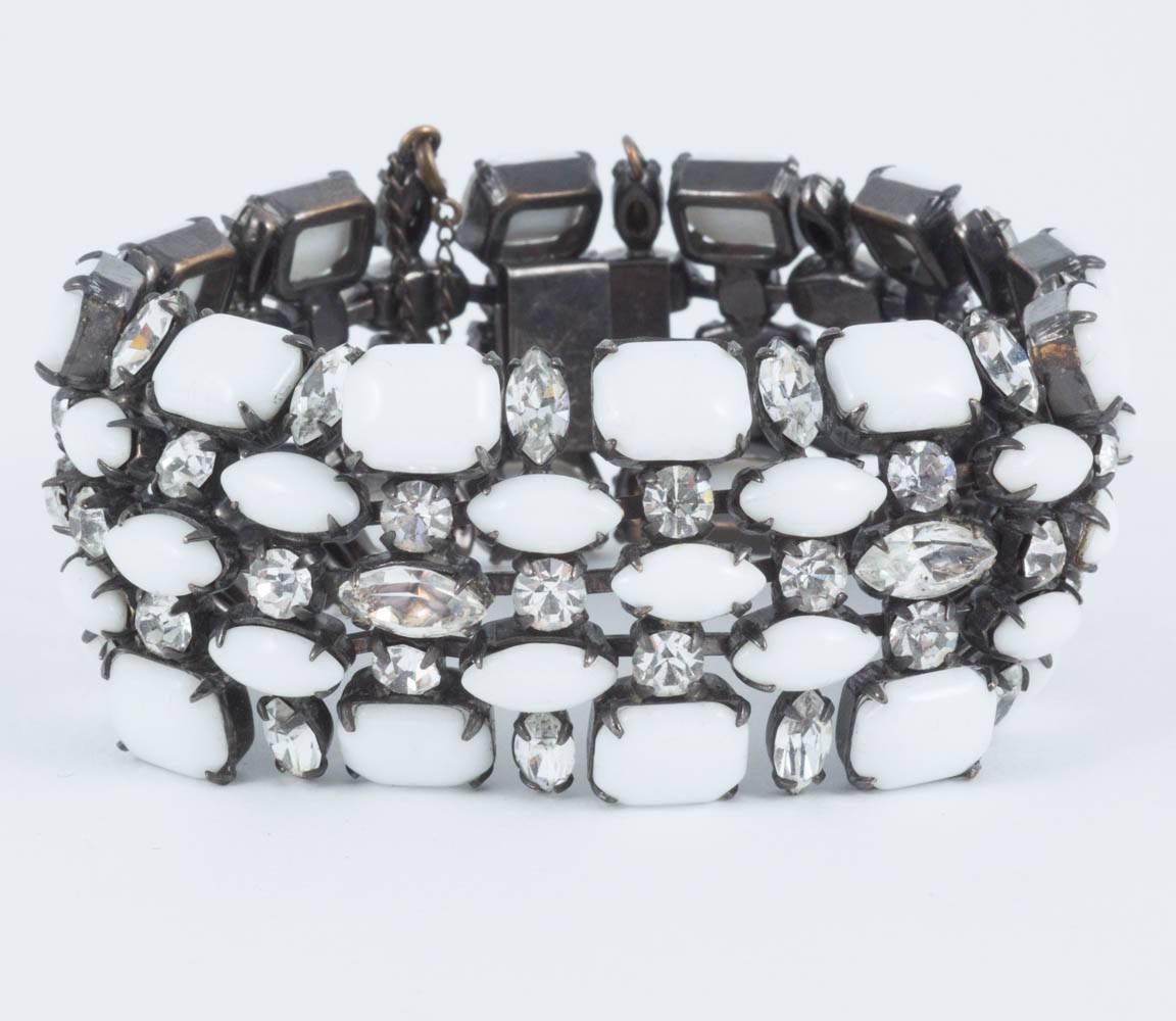 Women's or Men's Schreiner NY Glass and Clear Paste Five-Row Bracelet on Japanned Metal, 1960s