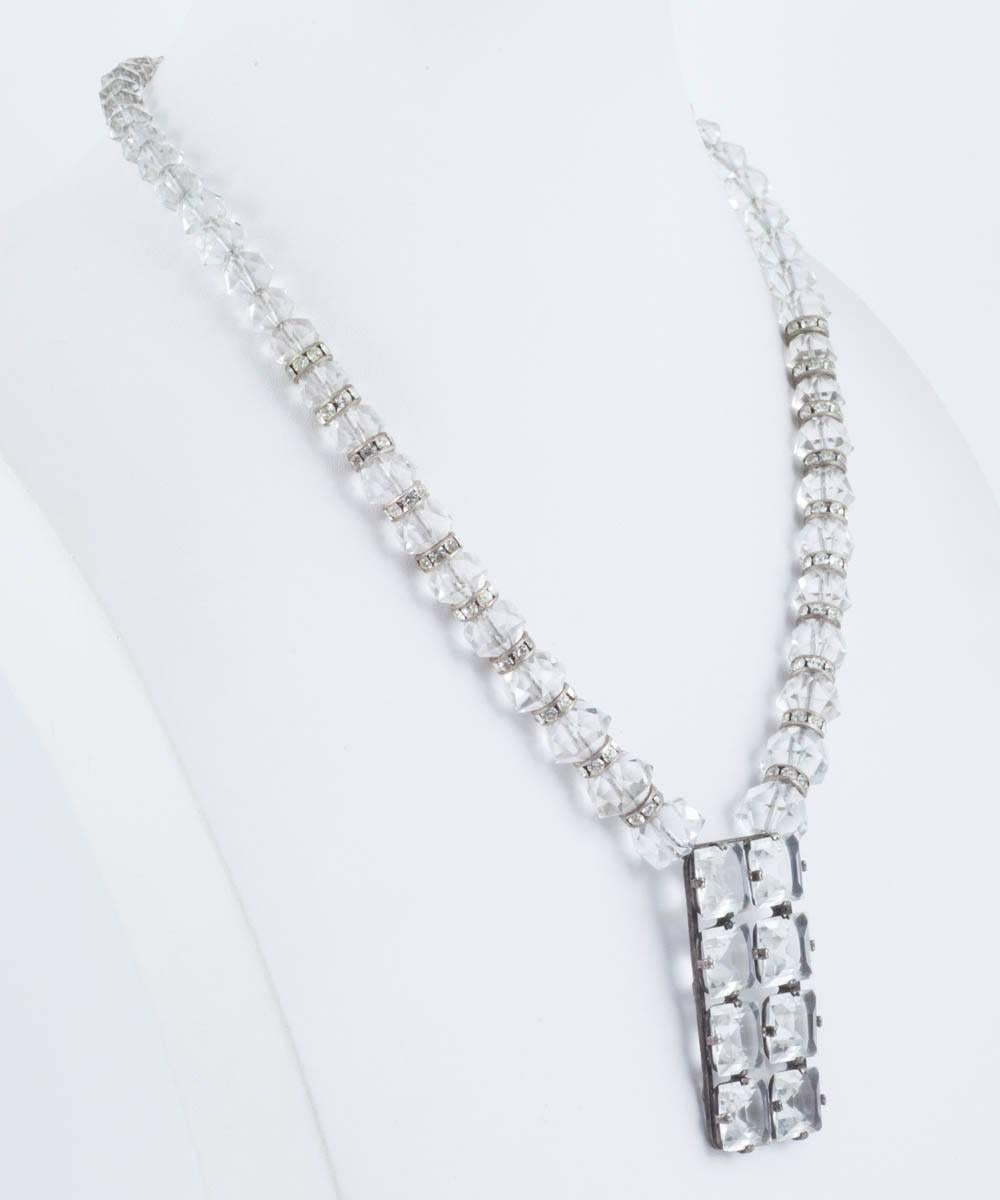 Women's or Men's Art Deco 1930s cut glass necklace strung on silver chain. 