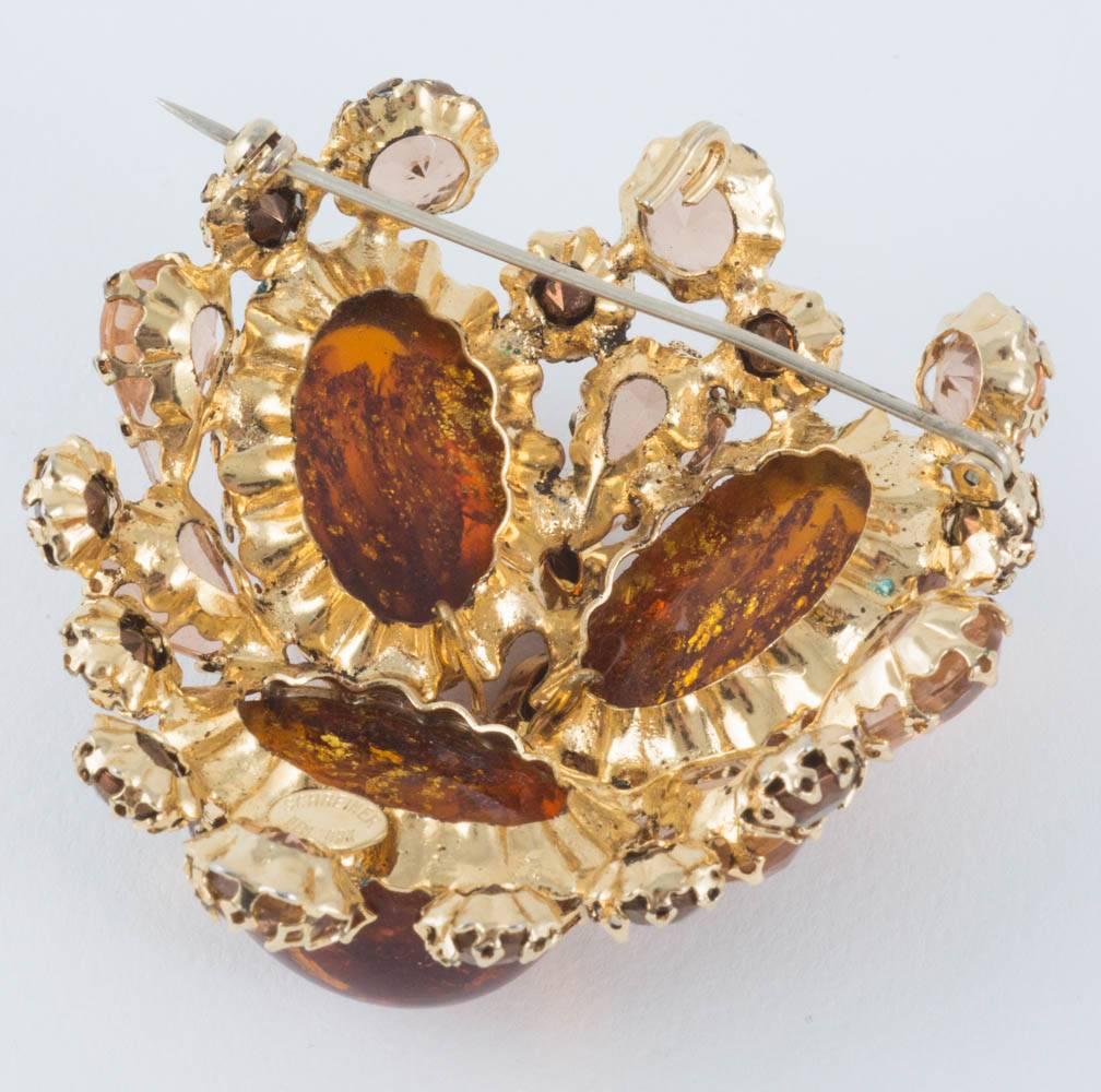  Huge 3D hand set faux amber and glass brooch/pendant, Schreiner New York, 1960s 1