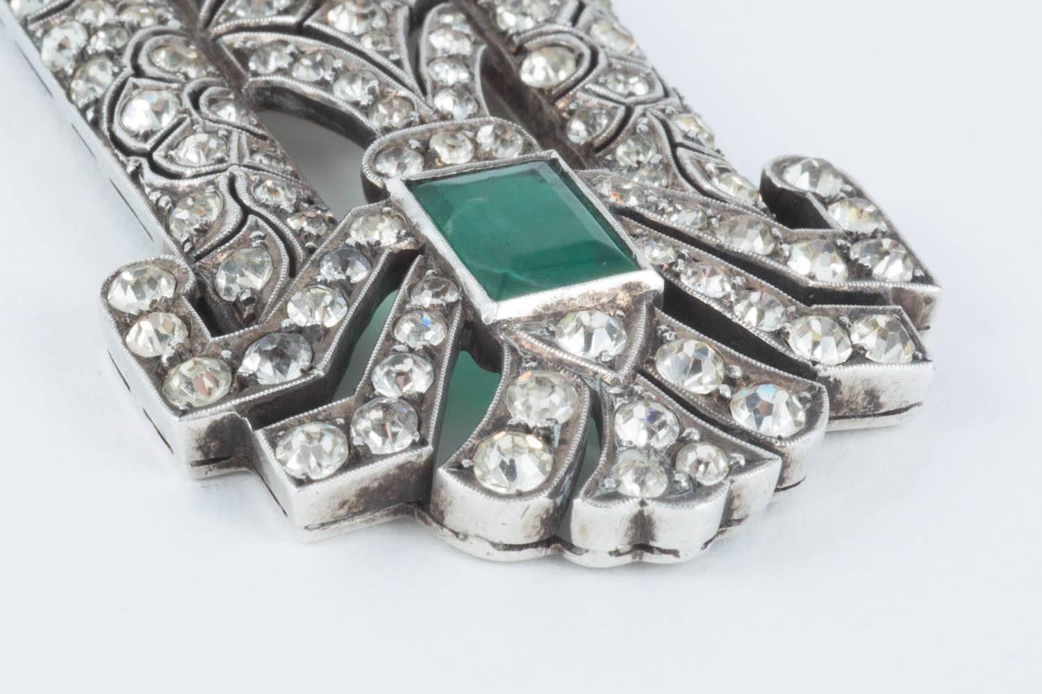 Women's or Men's Silver and paste pendant with emerald paste stone France, 1920s