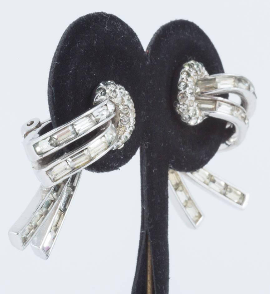 Paste and rhodium metal 'split' earrings, Marcel Boucher, USA, 1950s In Excellent Condition In Greyabbey, County Down