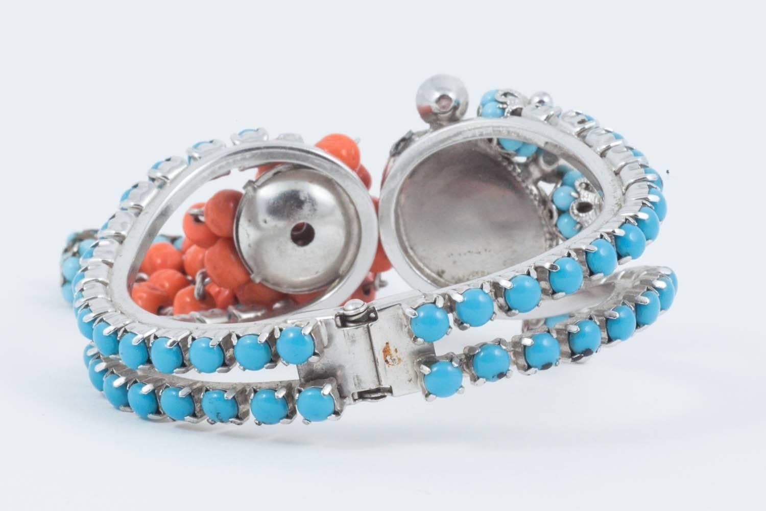  Prong set silvertone, turquoise and coral glass clamper 'cha cha' bracelet 1950s 1