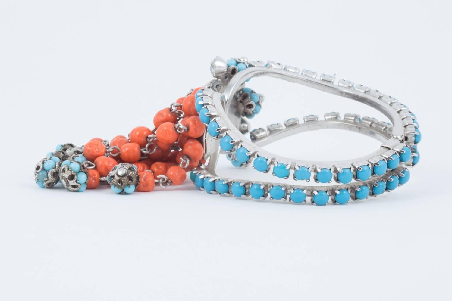  Prong set silvertone, turquoise and coral glass clamper 'cha cha' bracelet 1950s 2
