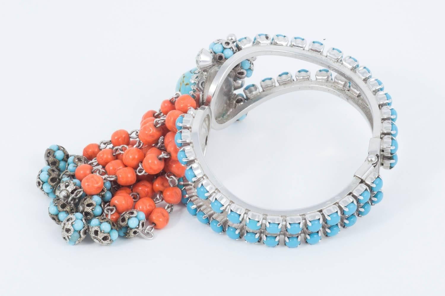  Prong set silvertone, turquoise and coral glass clamper 'cha cha' bracelet 1950s 3