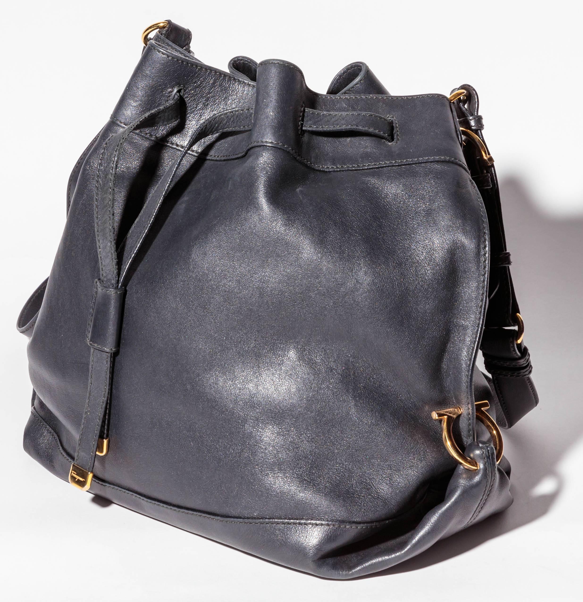 Black Ferragamo Drawstring Bucket Shoulder Bag with Gold Hardware / Crossbody