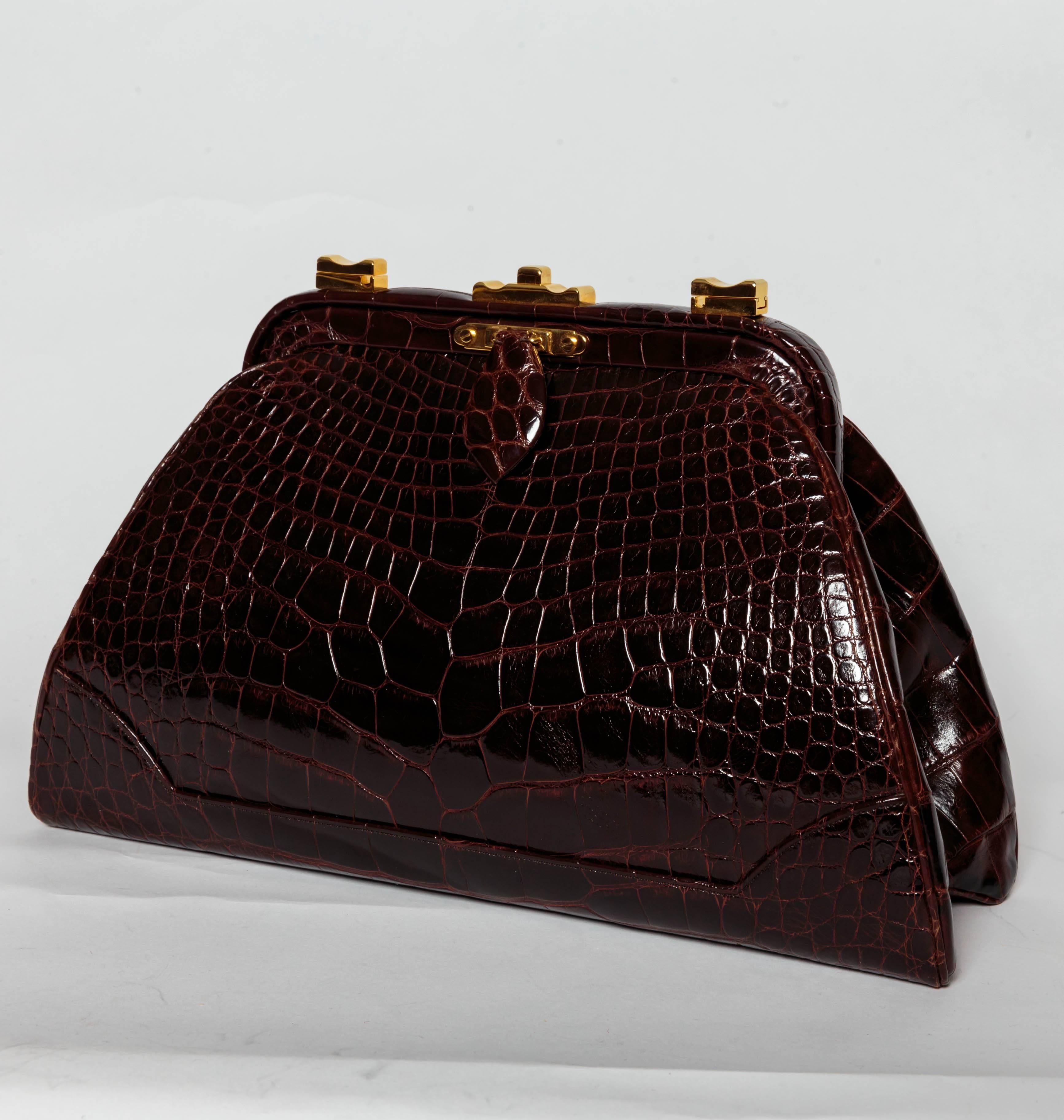 Judith Leiber Dark Brown Alligator Clutch with Detachable Shoulder Strap 2