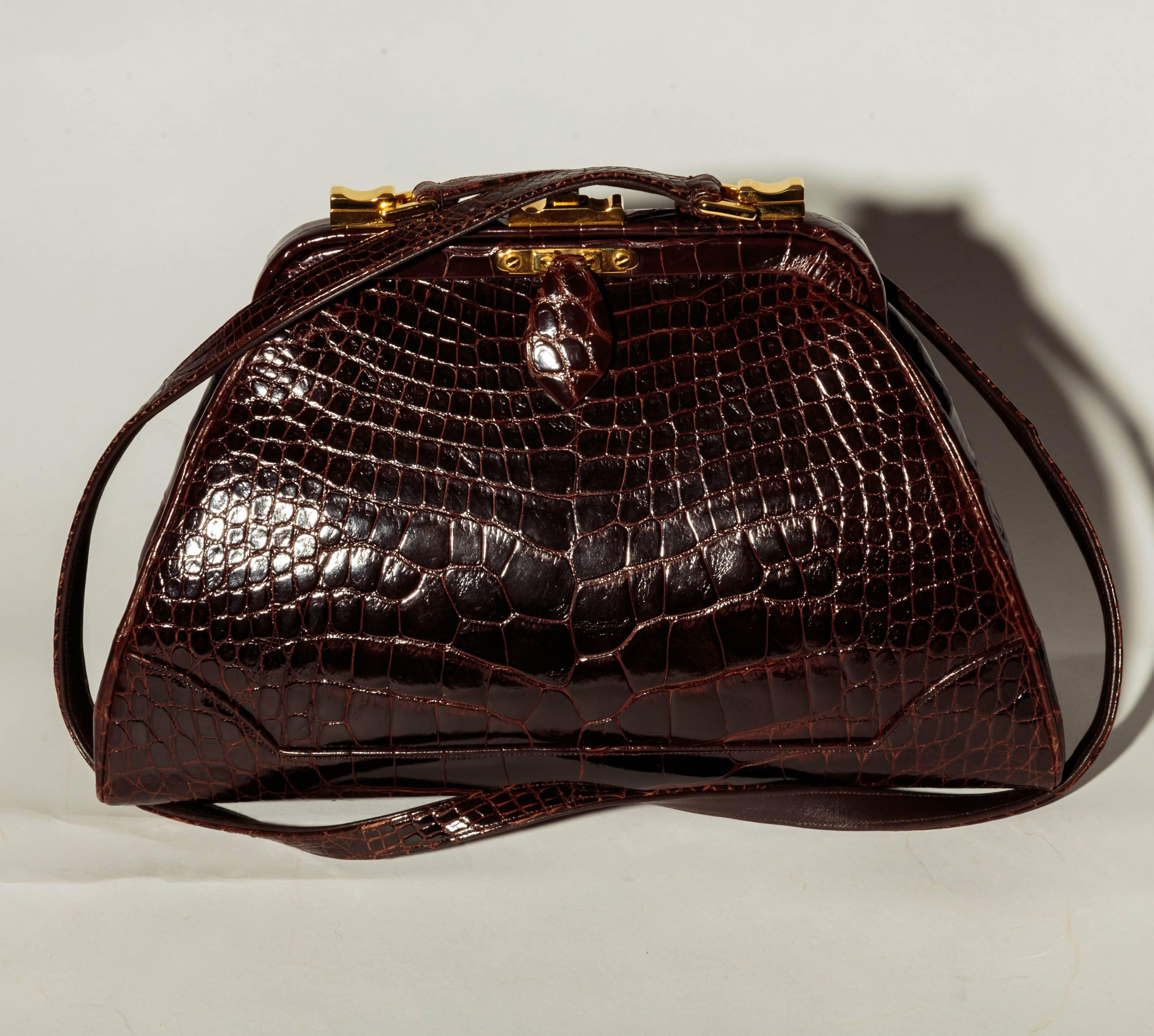 Judith Leiber Dark Brown Alligator Clutch with Detachable Shoulder Strap 5