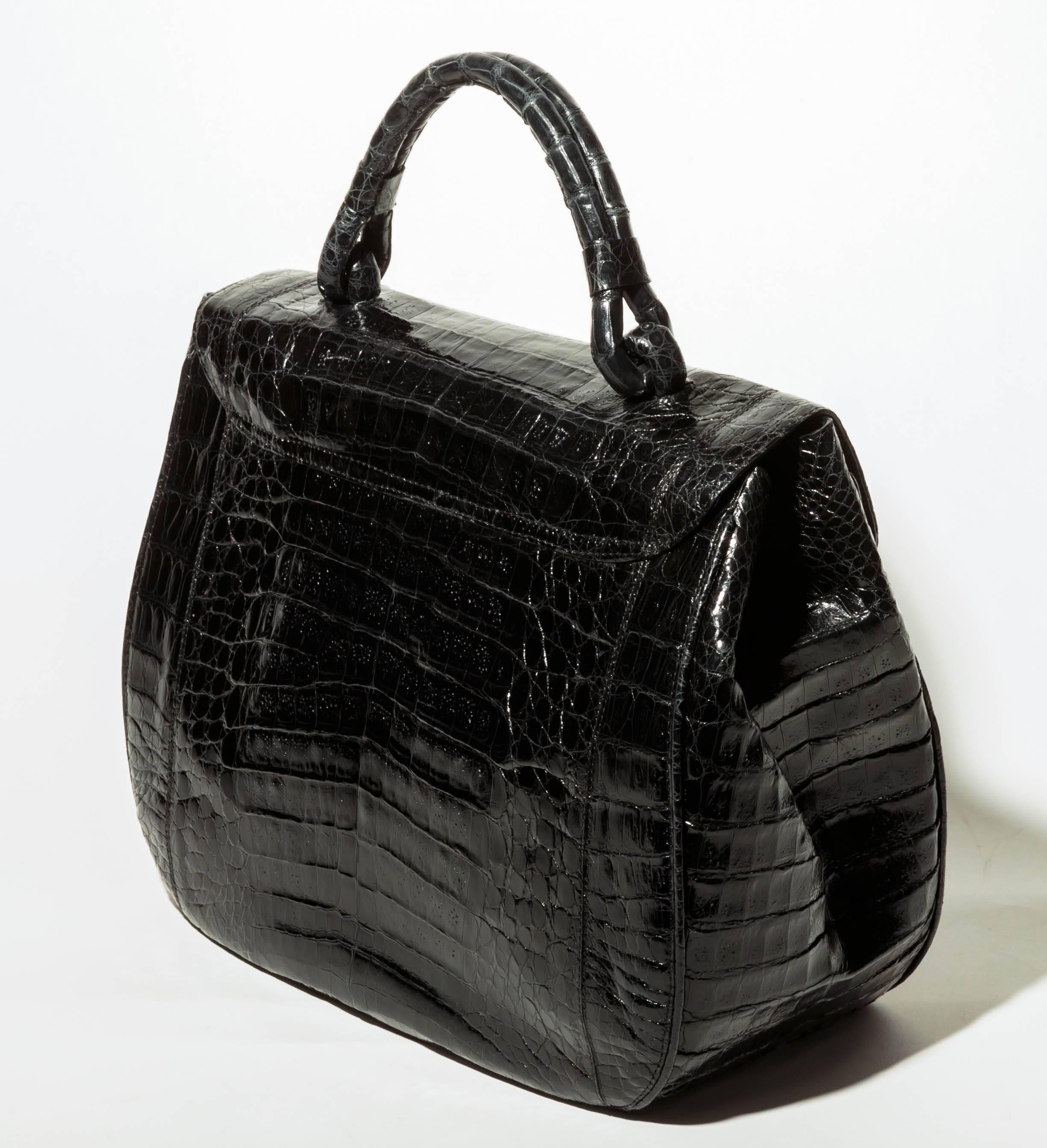 Nancy Gonzalez Black Crocodile Top Handle Bag In Excellent Condition In Westhampton Beach, NY