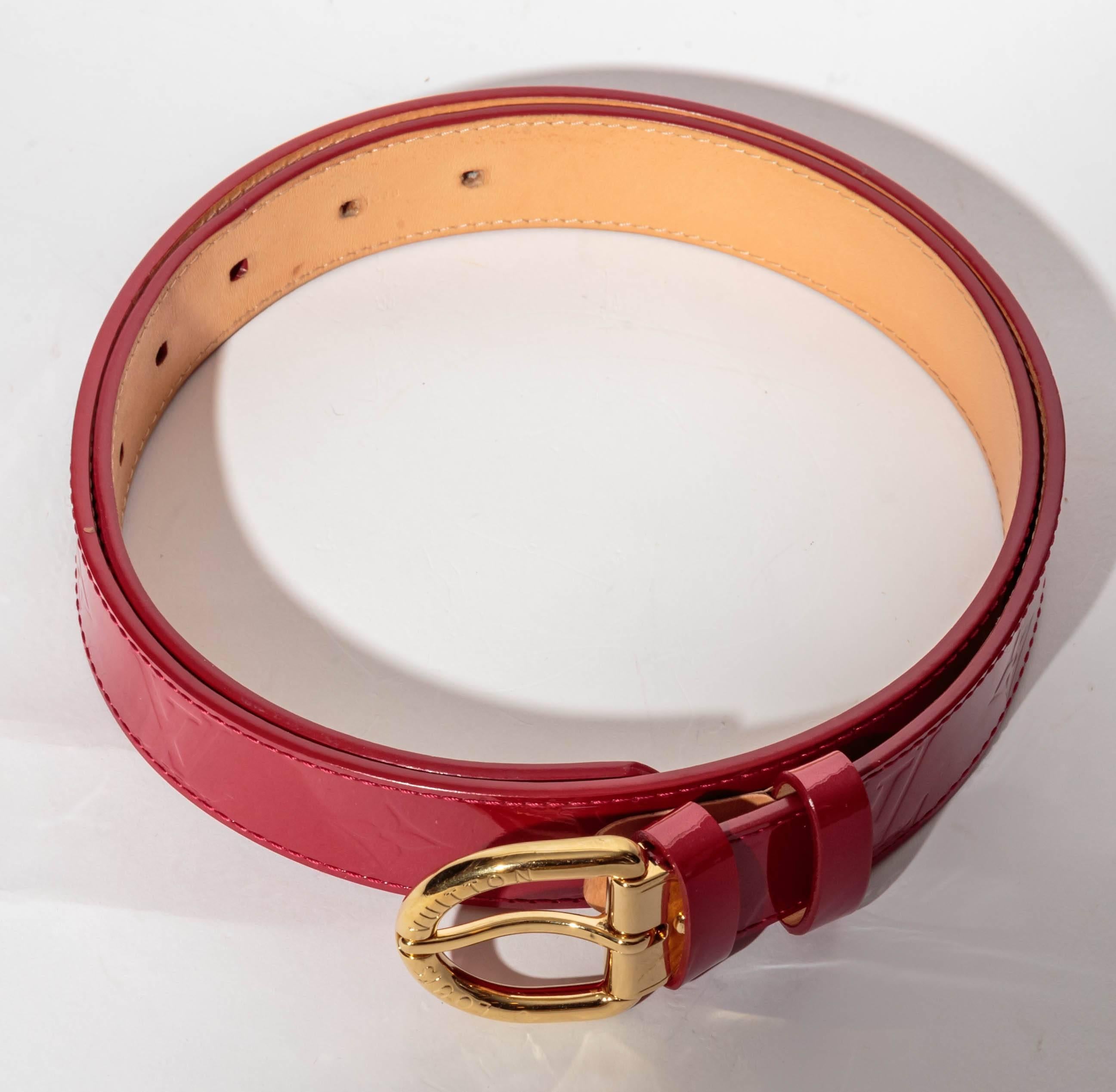 Louis Vuitton Red Patent Belt with Gold Buckle - 90 cm In Excellent Condition In Westhampton Beach, NY