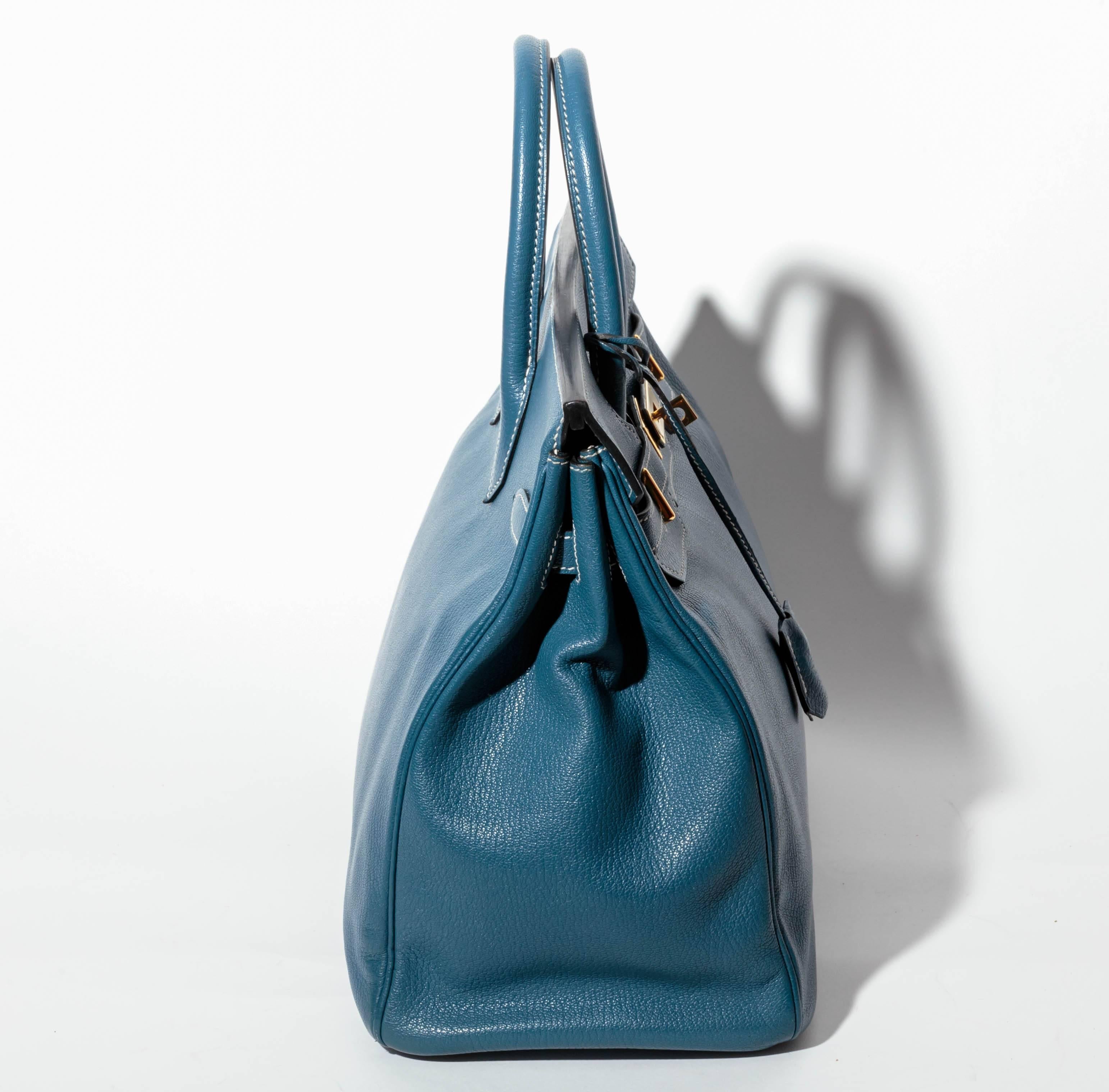 Hermes Horseshoe HAC Birkin in Blue Thalassa Leather with Gold HW In Excellent Condition In Westhampton Beach, NY