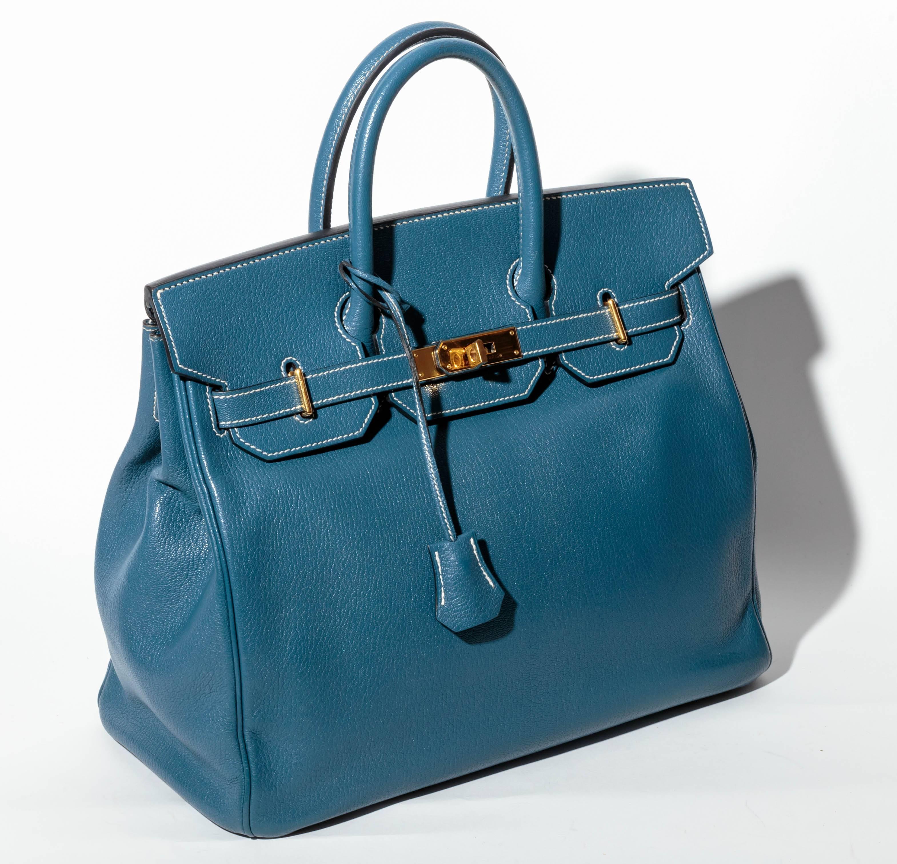 Women's or Men's Hermes Horseshoe HAC Birkin in Blue Thalassa Leather with Gold HW