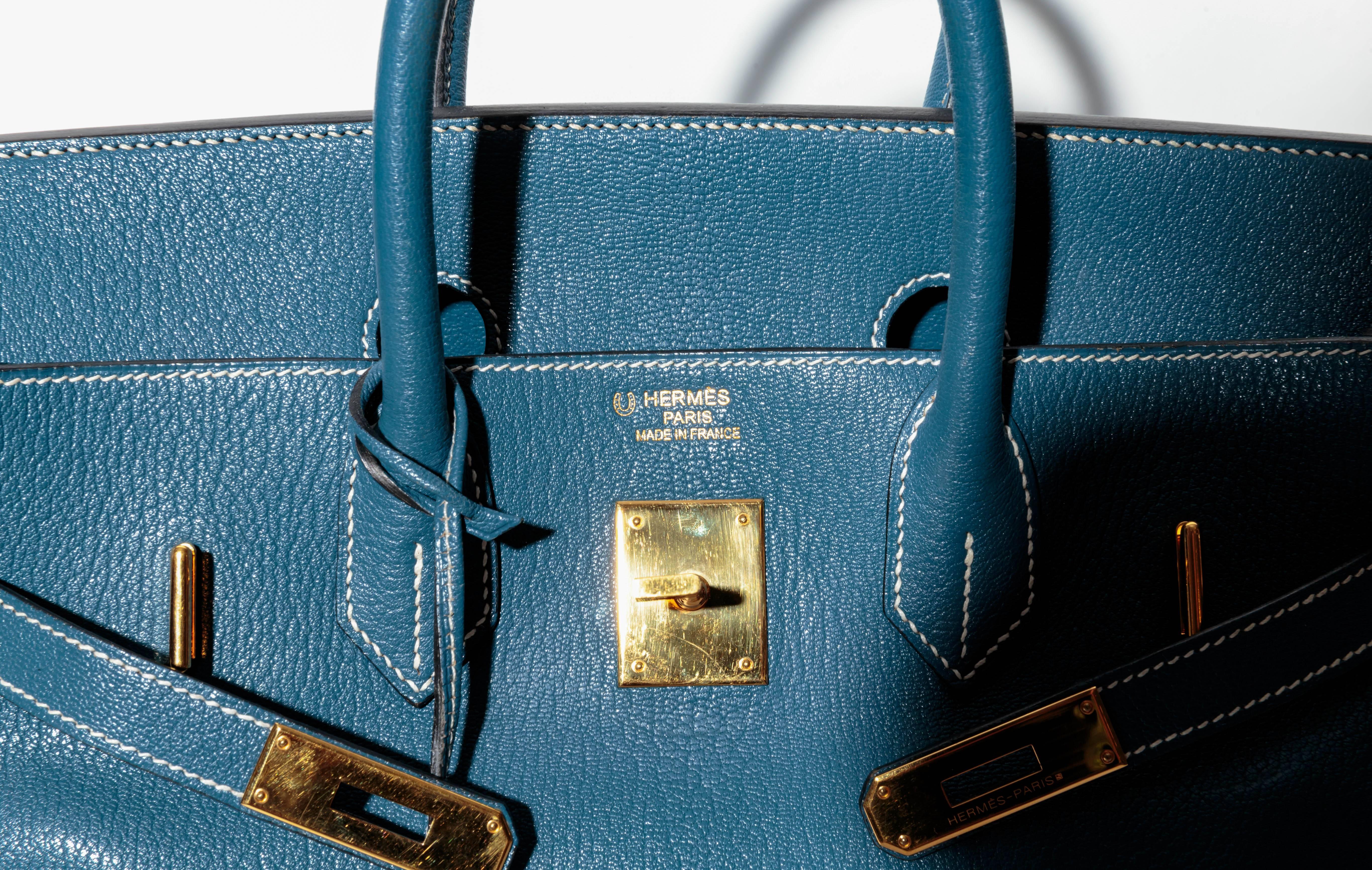 Hermes Horseshoe HAC Birkin in Blue Thalassa Leather with Gold HW 3