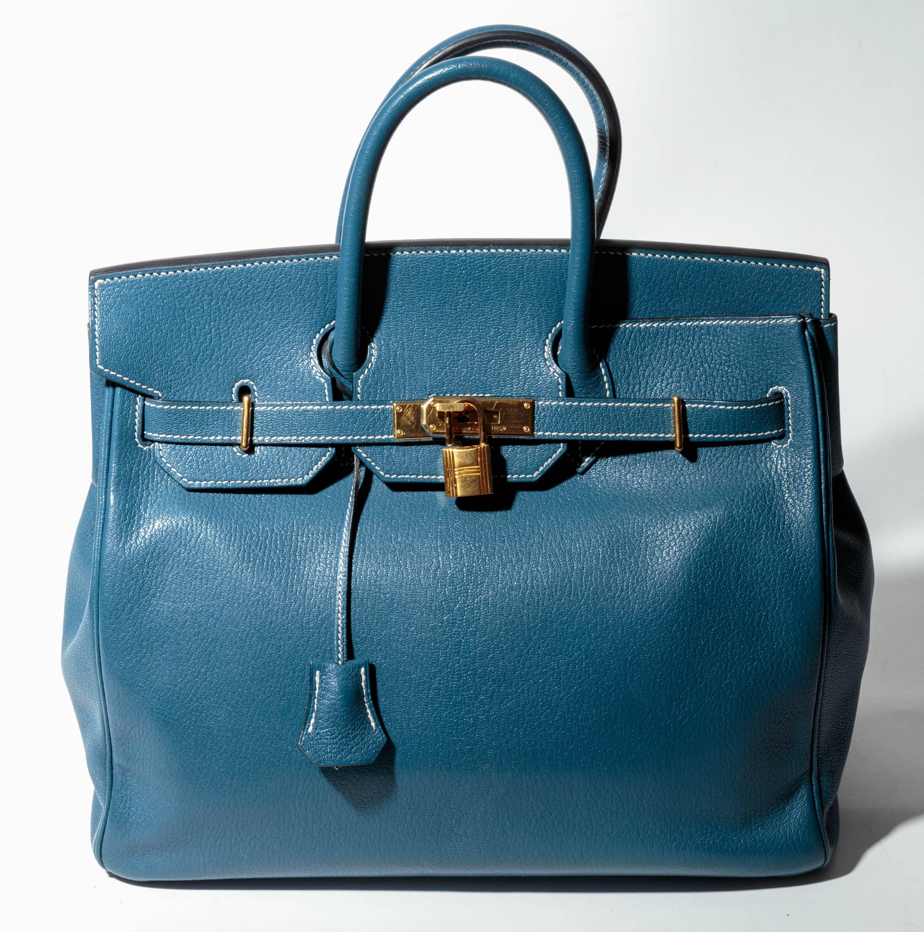Hermes Horseshoe HAC Birkin in Blue Thalassa Leather with Gold HW 6