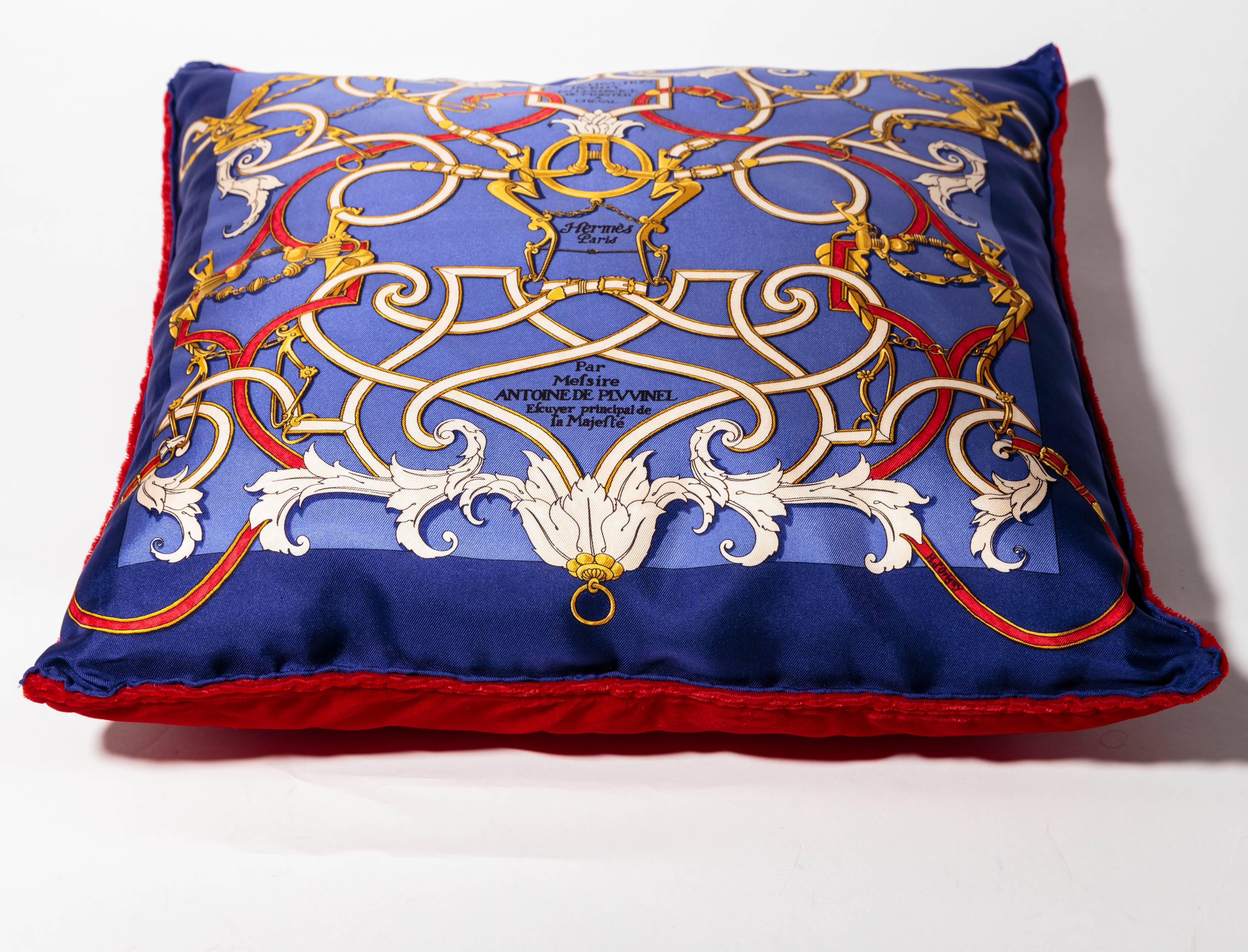 Hermes Pillow Made from Hermes Navy Silk Jacquard L'Instruction du Roy Scarf by Henri d'Origny 
This pillow is backed in red velvet . Condition is excellent.
Measures 40 x 40 cm