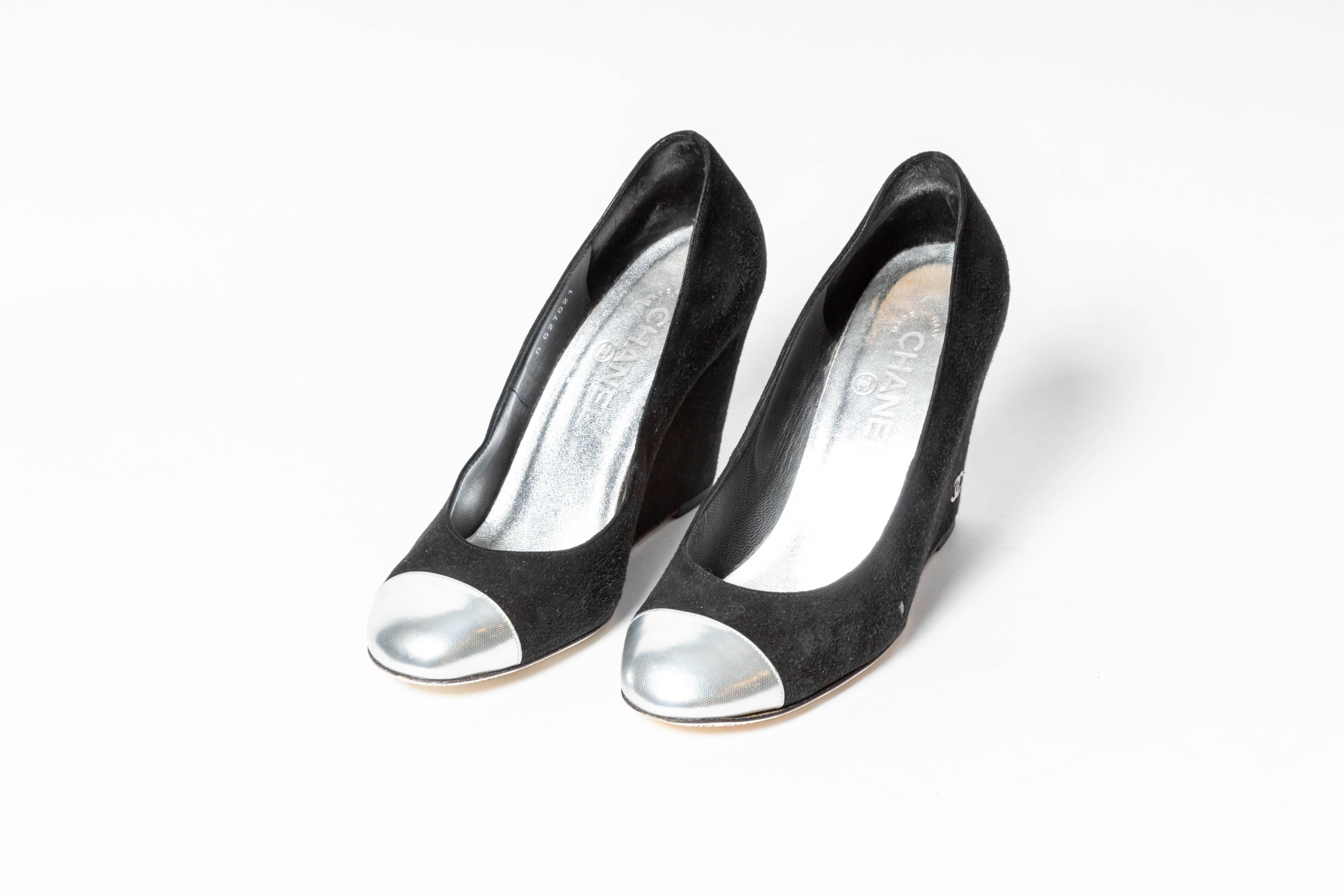 Women's Chanel Silver and Black Suede Wedges - Size 37.5 / 7.5